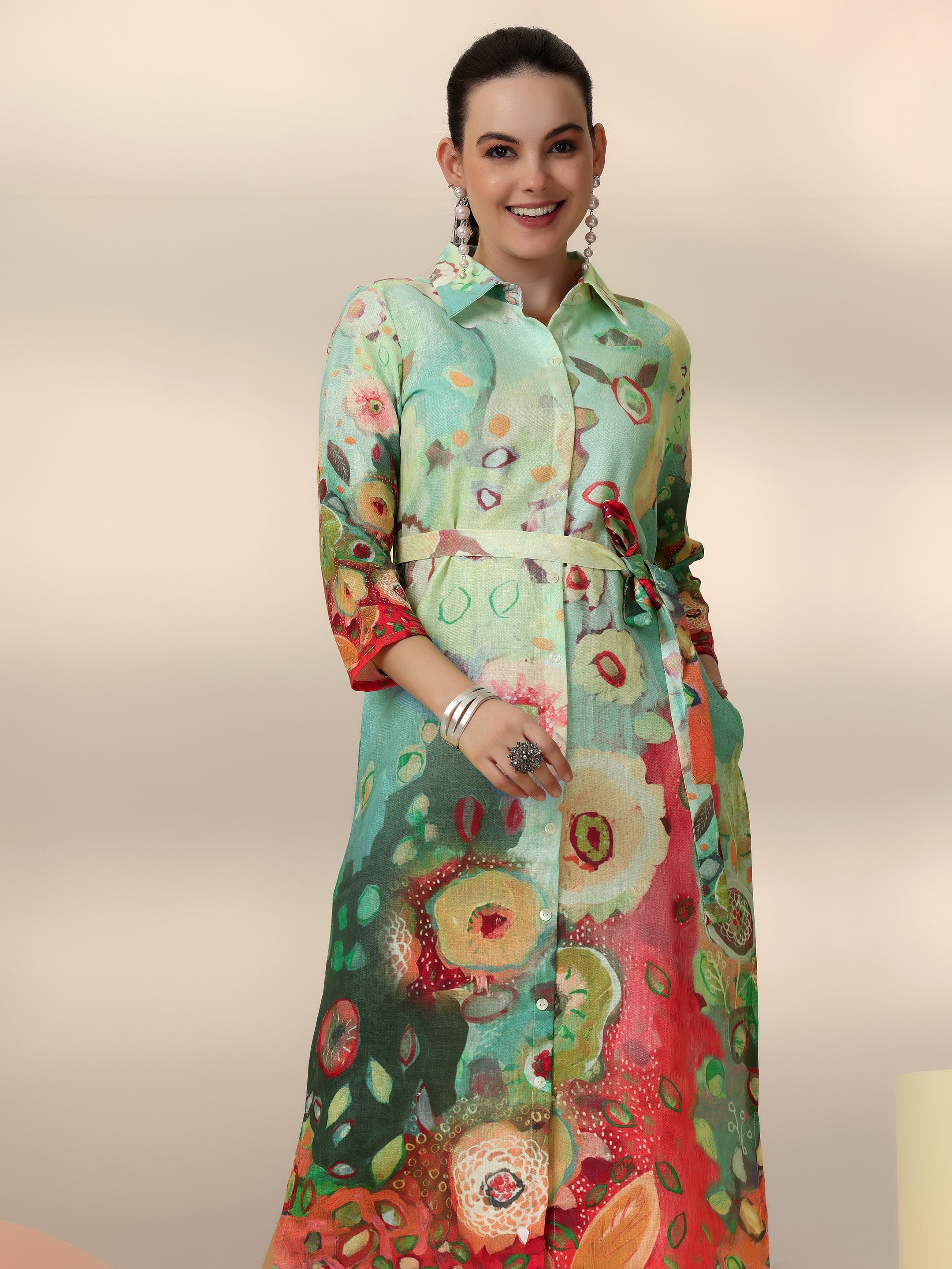 Sea Green Printed Linen Shirt Dress With Belt