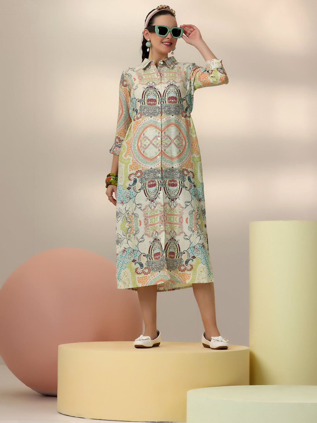 Off White Printed Linen A-Line Dress