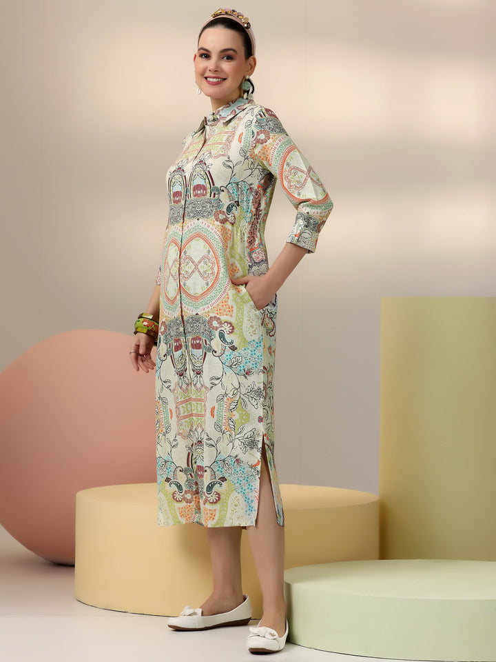 Off White Printed Linen A-Line Dress