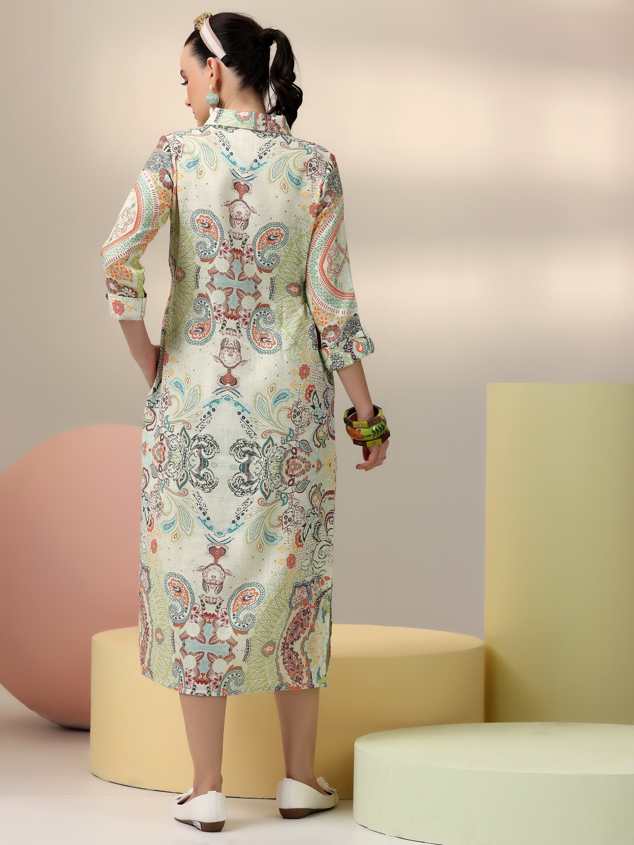 Off White Printed Linen A-Line Dress