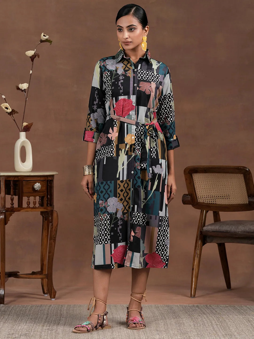 Multicoloured Printed Crepe Shirt Dress With Belt