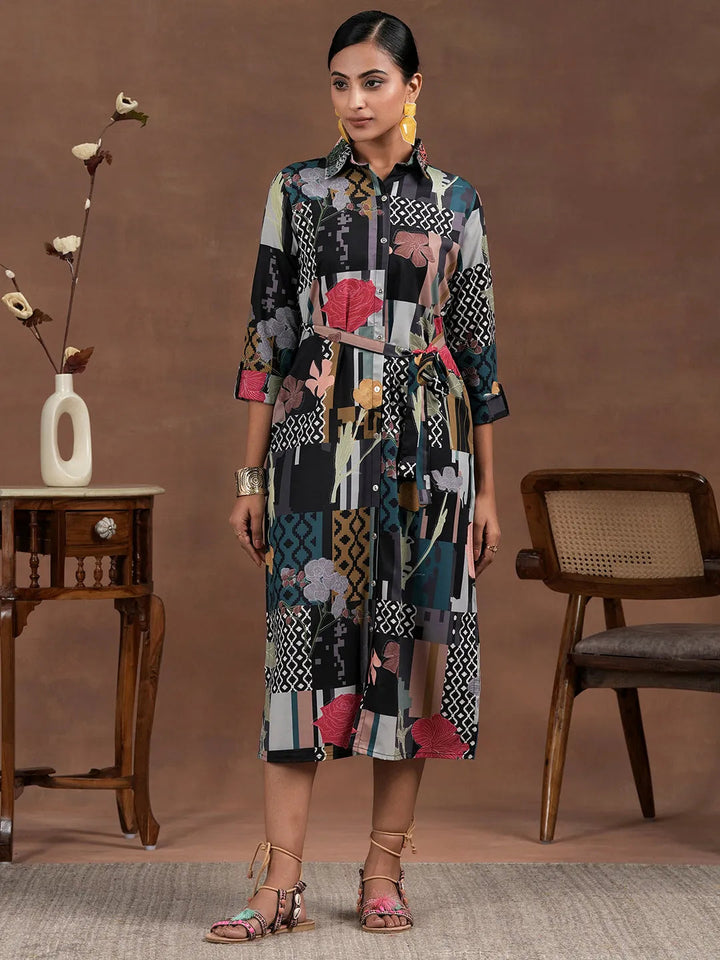 Multicoloured Printed Crepe Shirt Dress With Belt