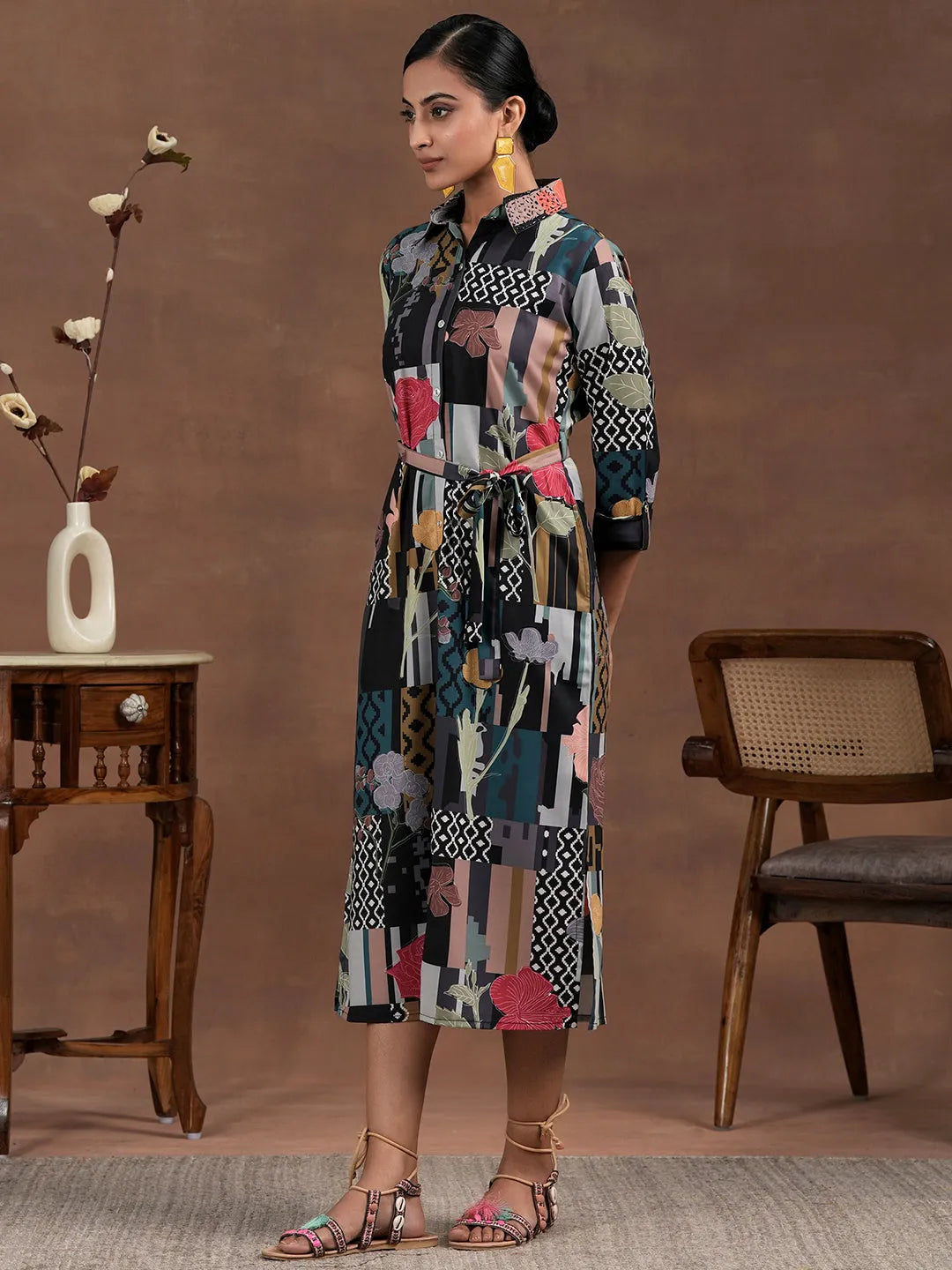 Multicoloured Printed Crepe Shirt Dress With Belt