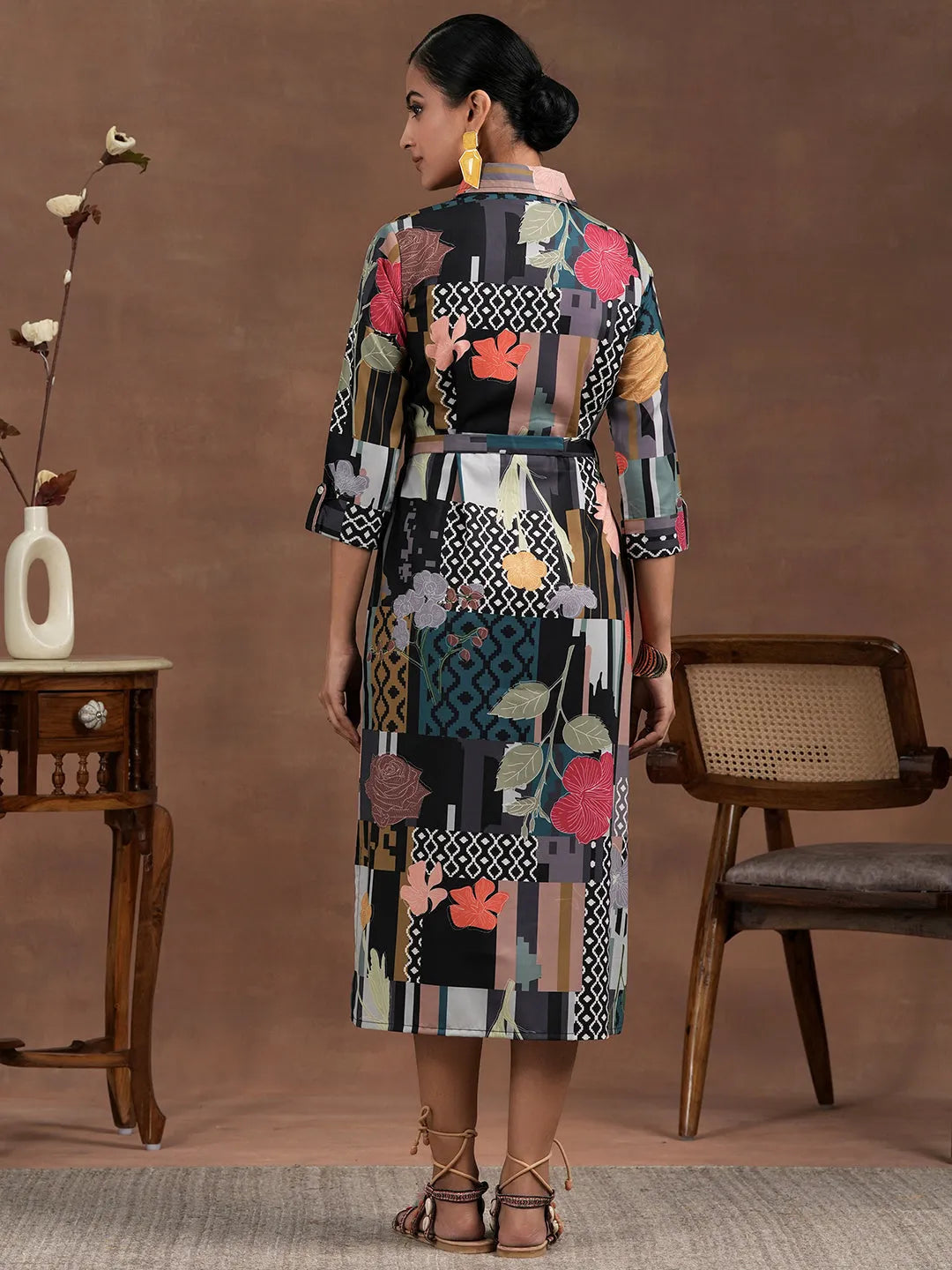 Multicoloured Printed Crepe Shirt Dress With Belt