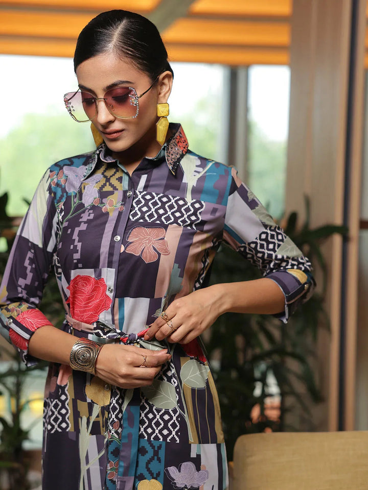 Multicoloured Printed Crepe Shirt Dress With Belt