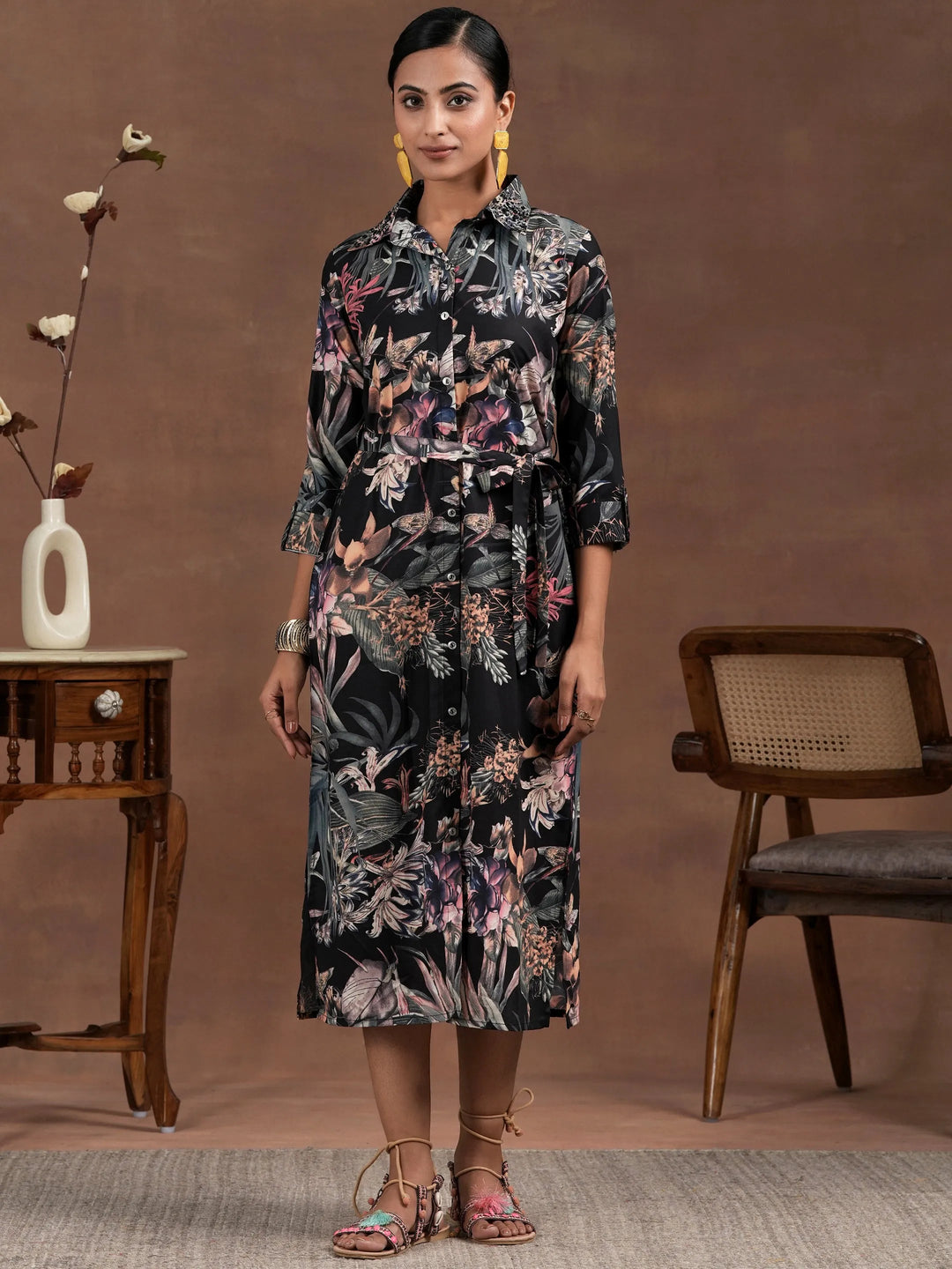 Black Printed Crepe Shirt Dress With Belt