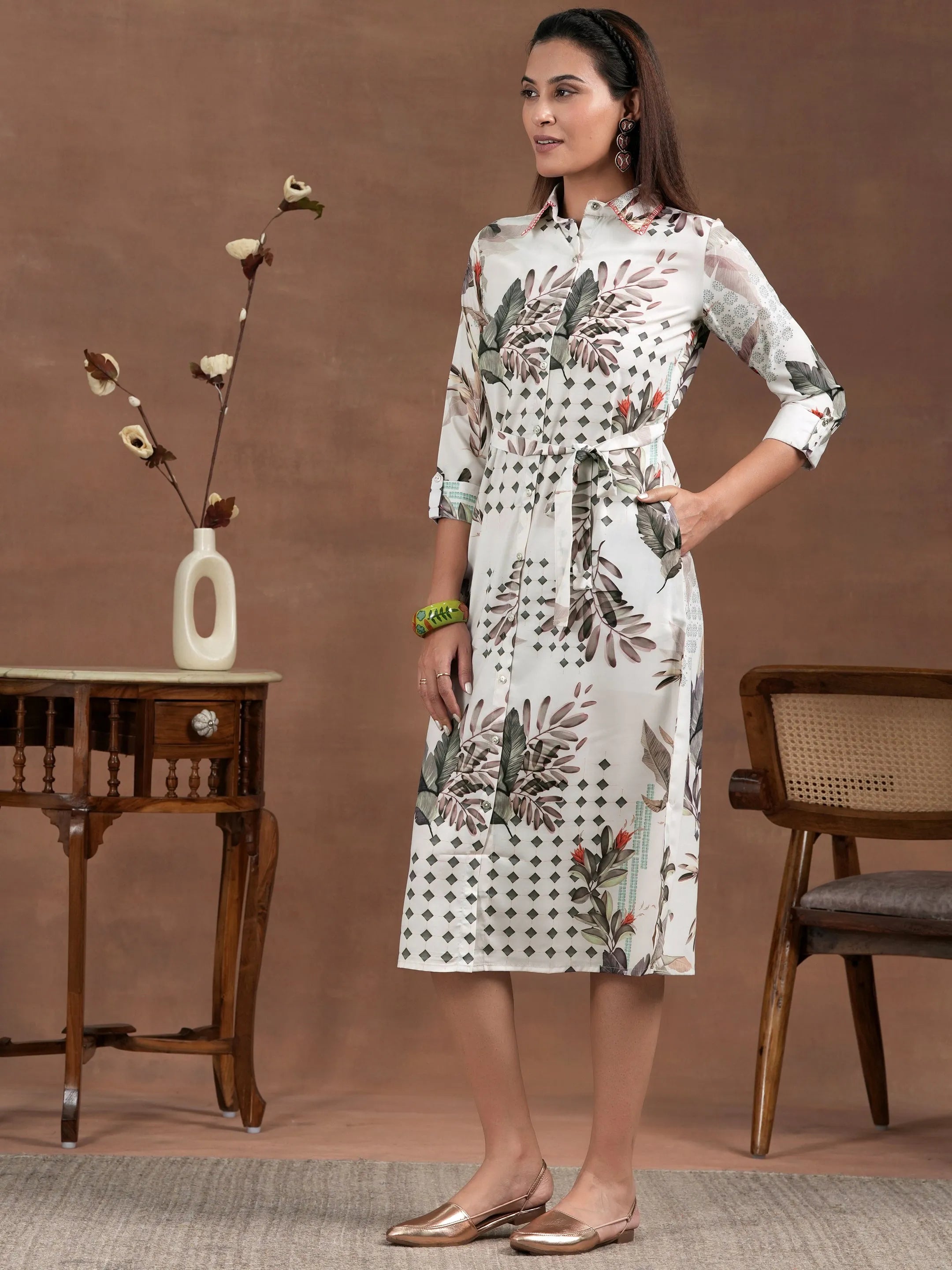 Off White Printed Crepe Shirt Dress With Belt