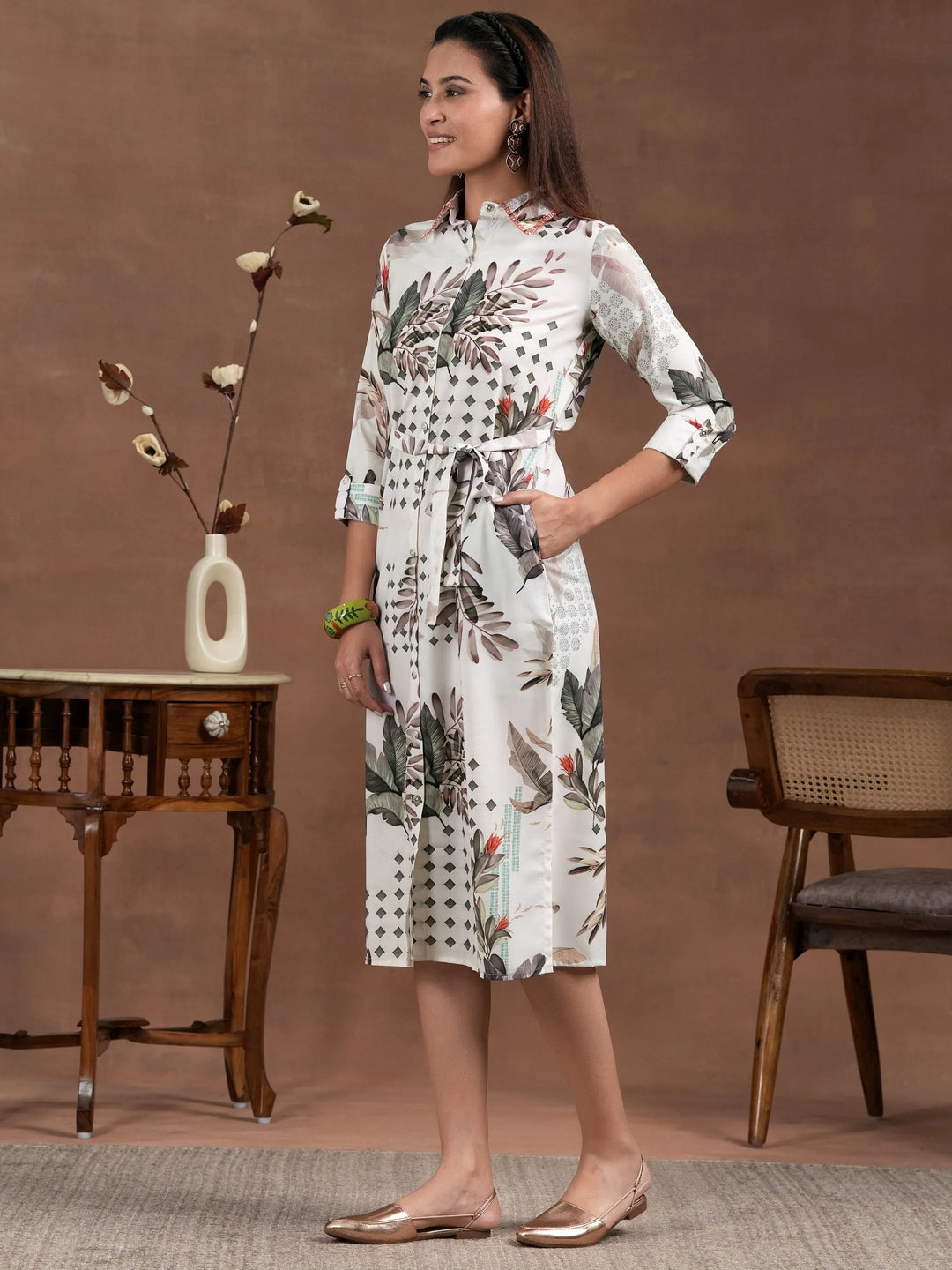 Off White Printed Crepe Shirt Dress With Belt