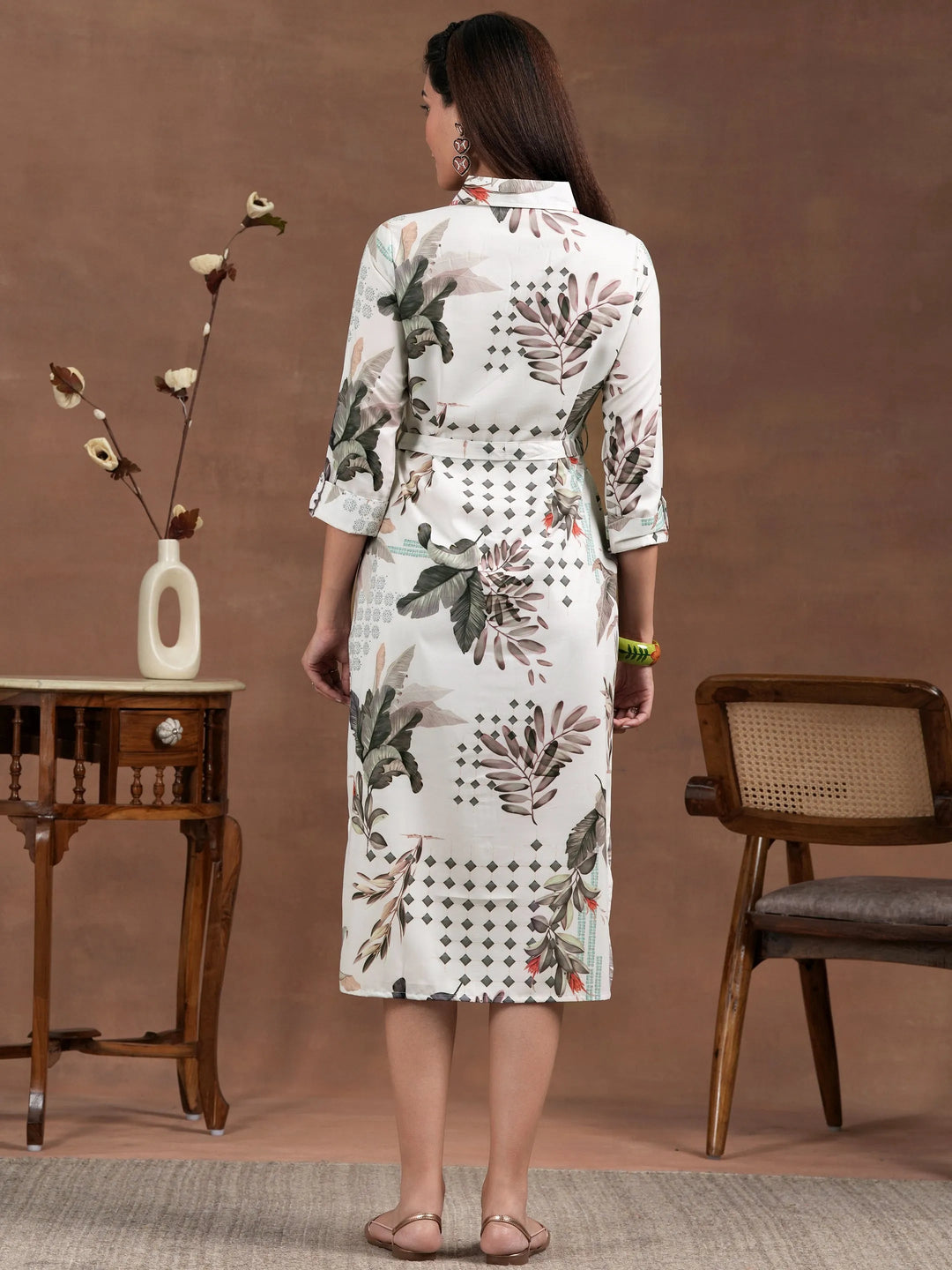 Off White Printed Crepe Shirt Dress With Belt