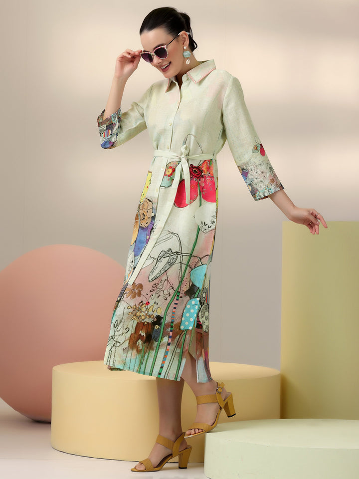 Off White Printed Linen Shirt Dress