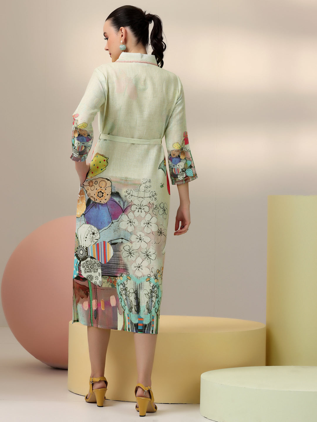 Off White Printed Linen Shirt Dress