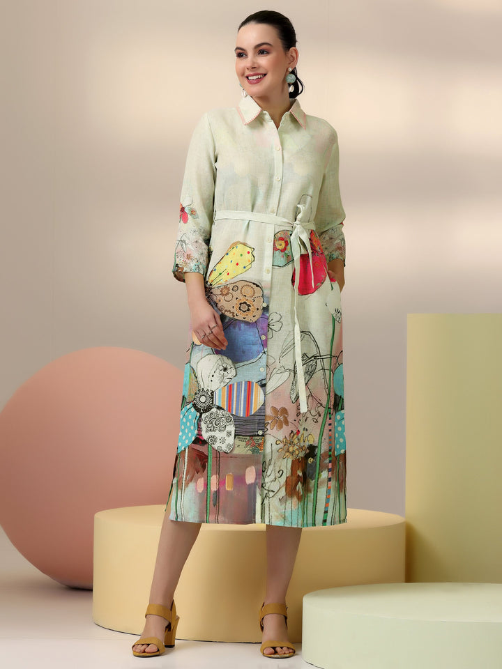 Off White Printed Linen Shirt Dress