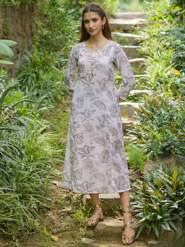 White Printed Cotton A-Line Dress