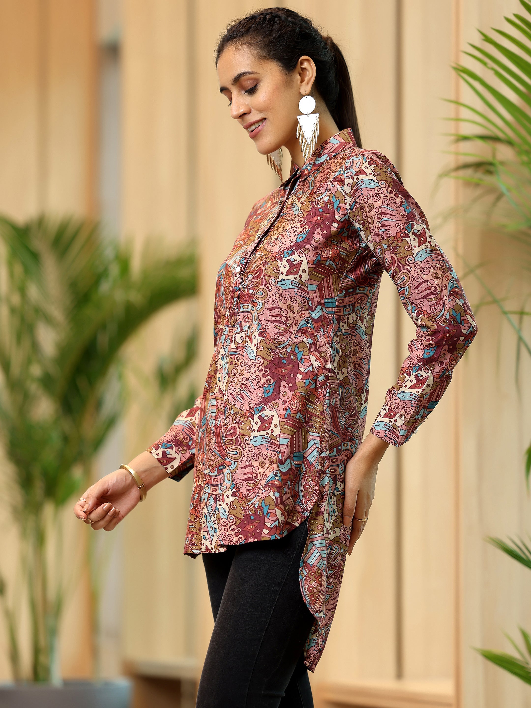 Mauve Printed Silk Blend Straight Kurti