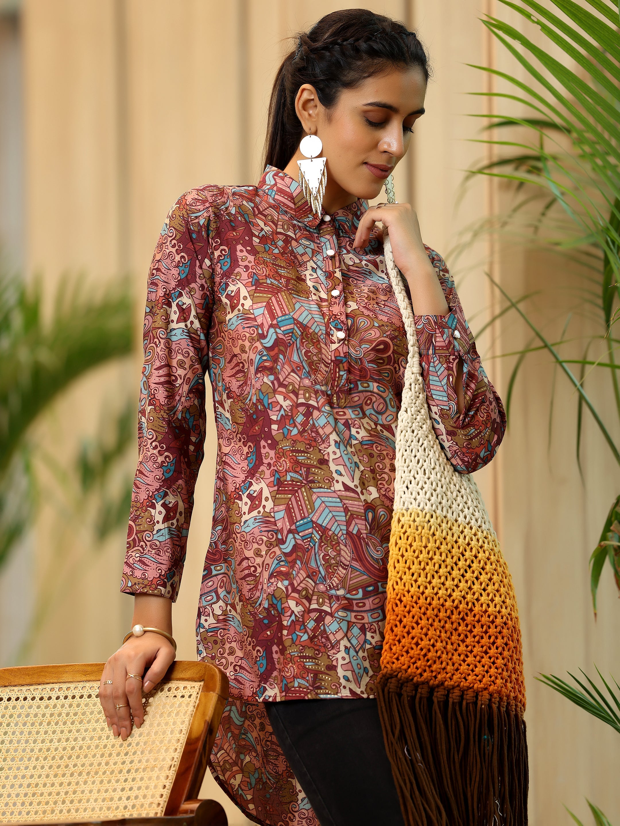 Mauve Printed Silk Blend Straight Kurti