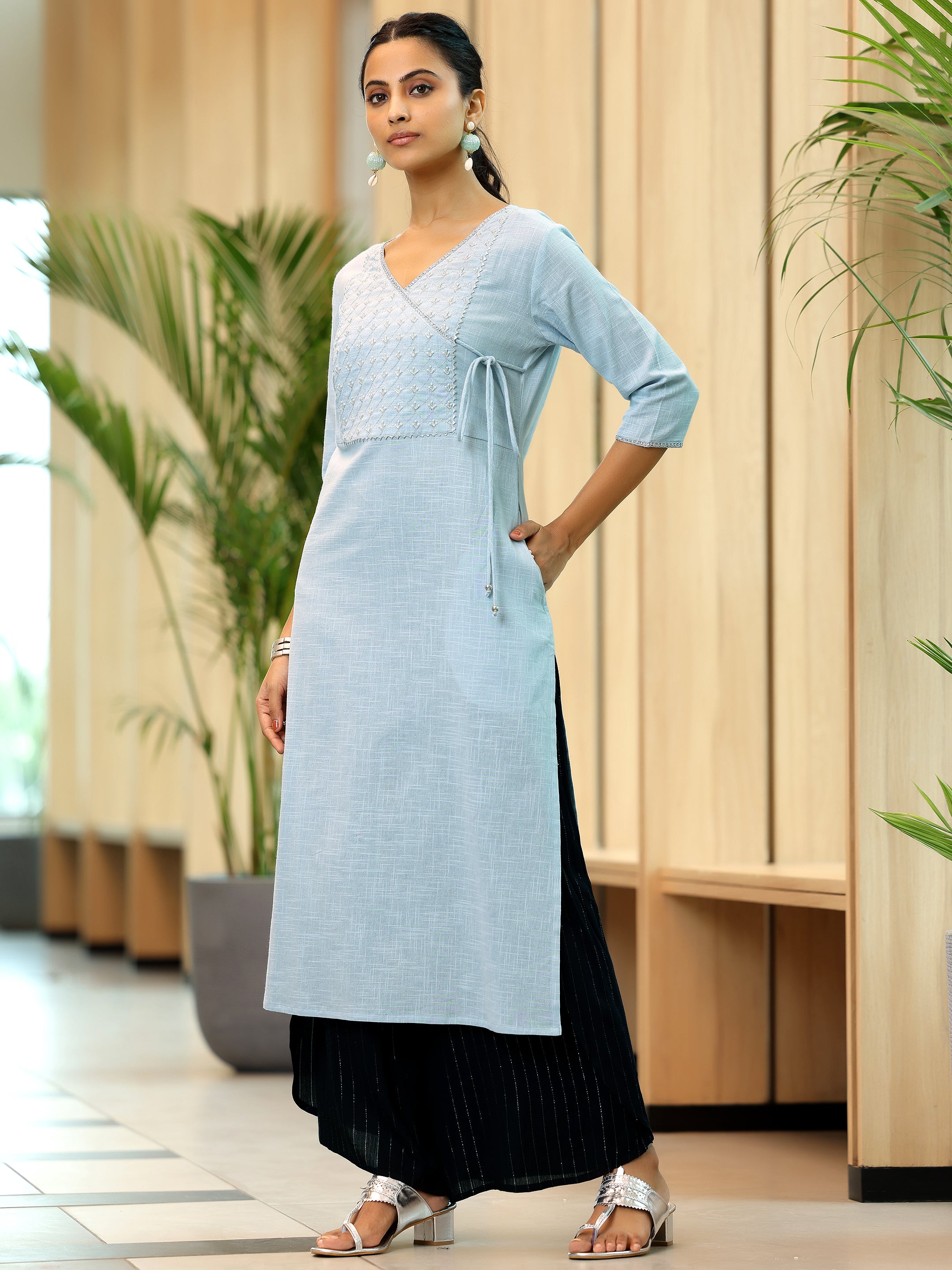 Grey Yoke Design Cotton Straight Kurta