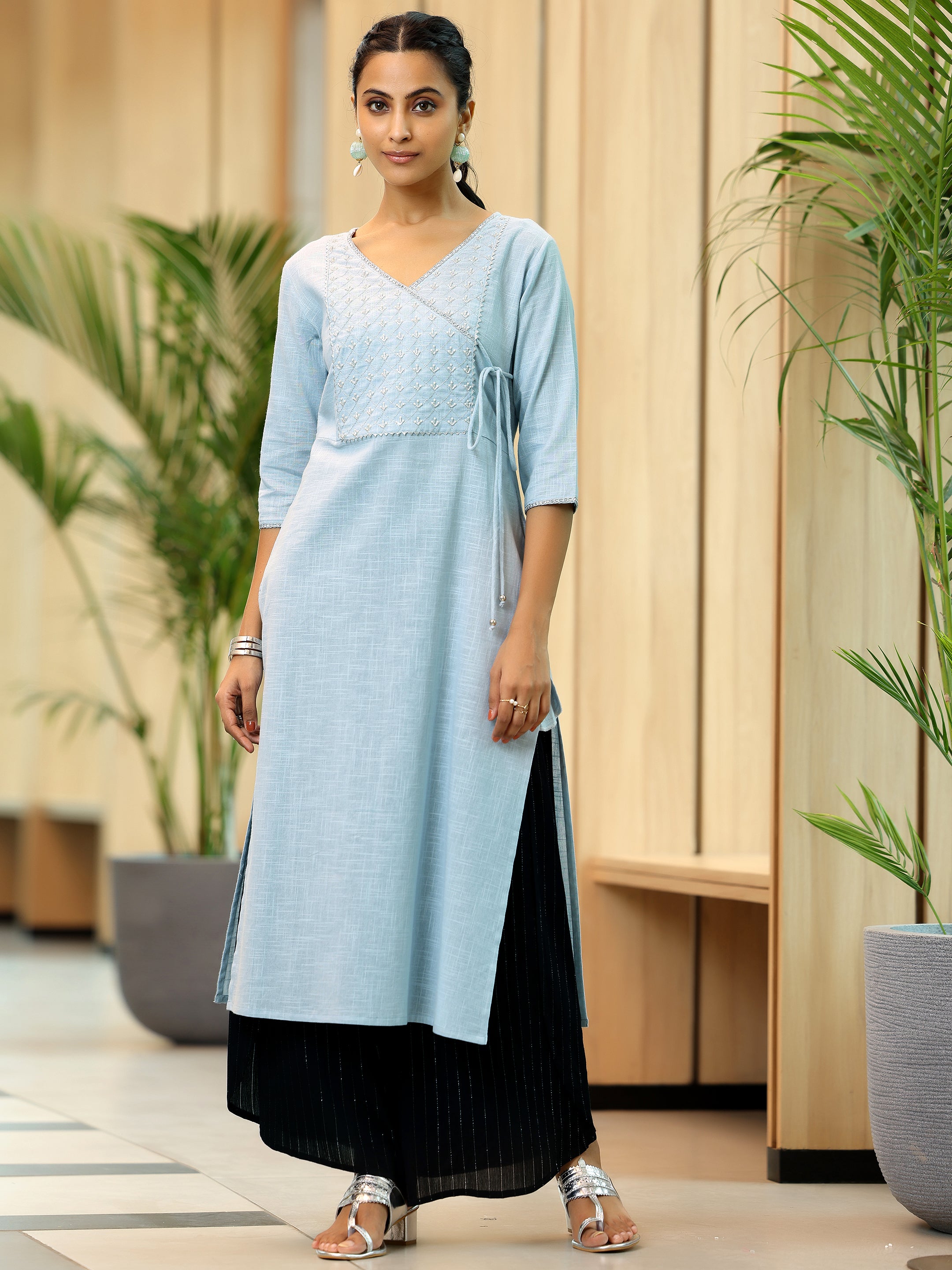 Grey Yoke Design Cotton Straight Kurta