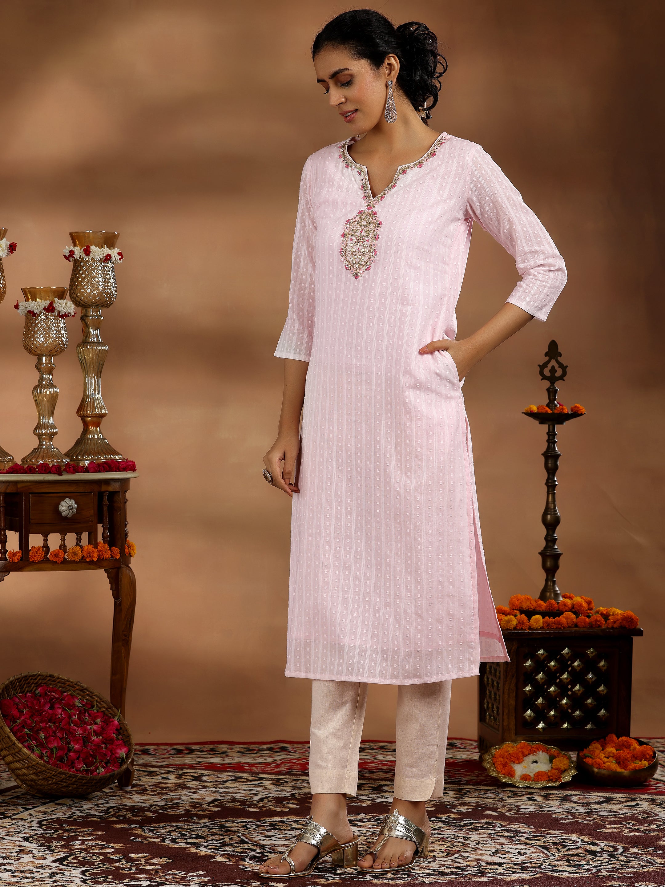 Pink Yoke Design Cotton Straight Kurta