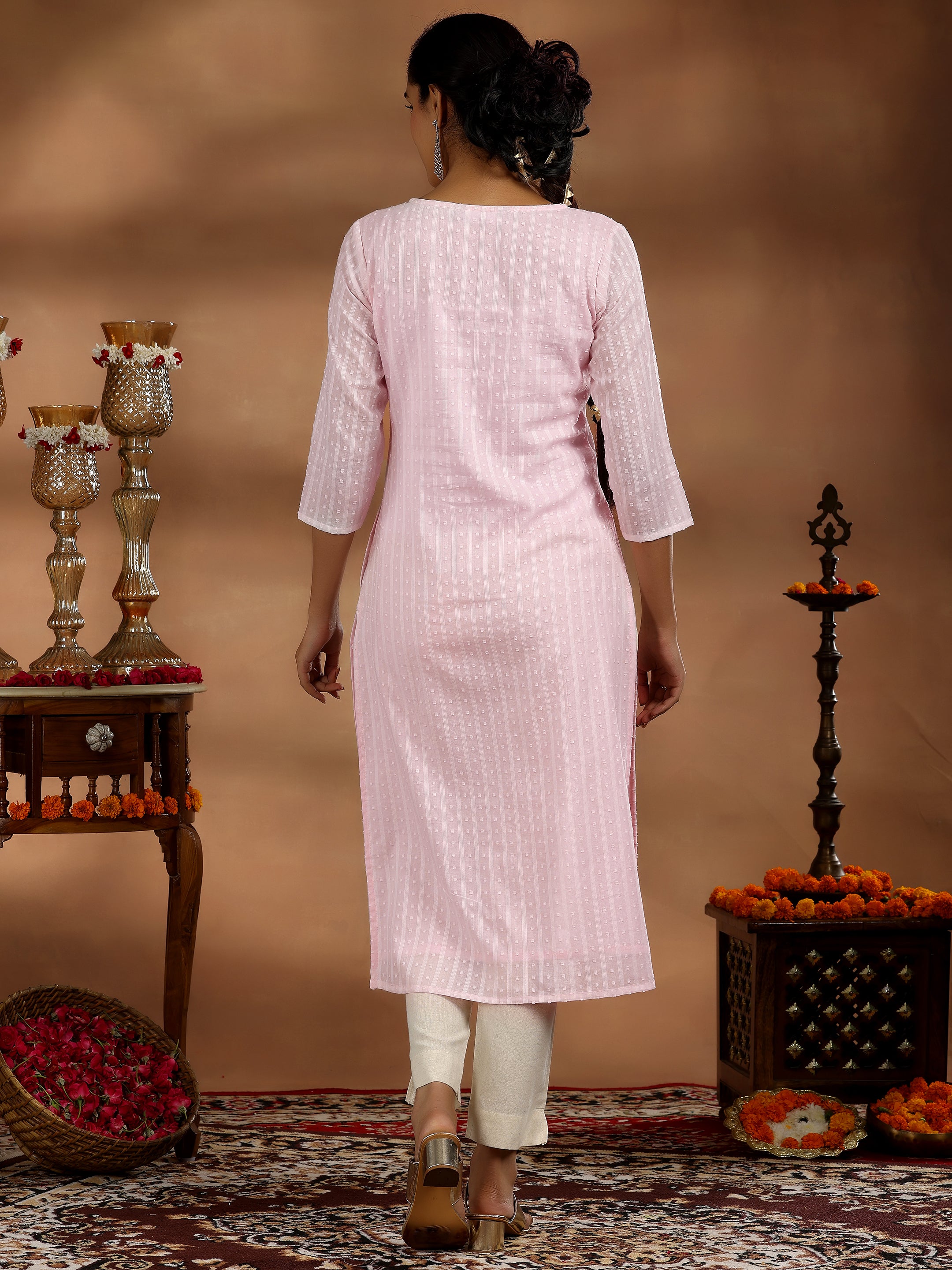 Pink Yoke Design Cotton Straight Kurta