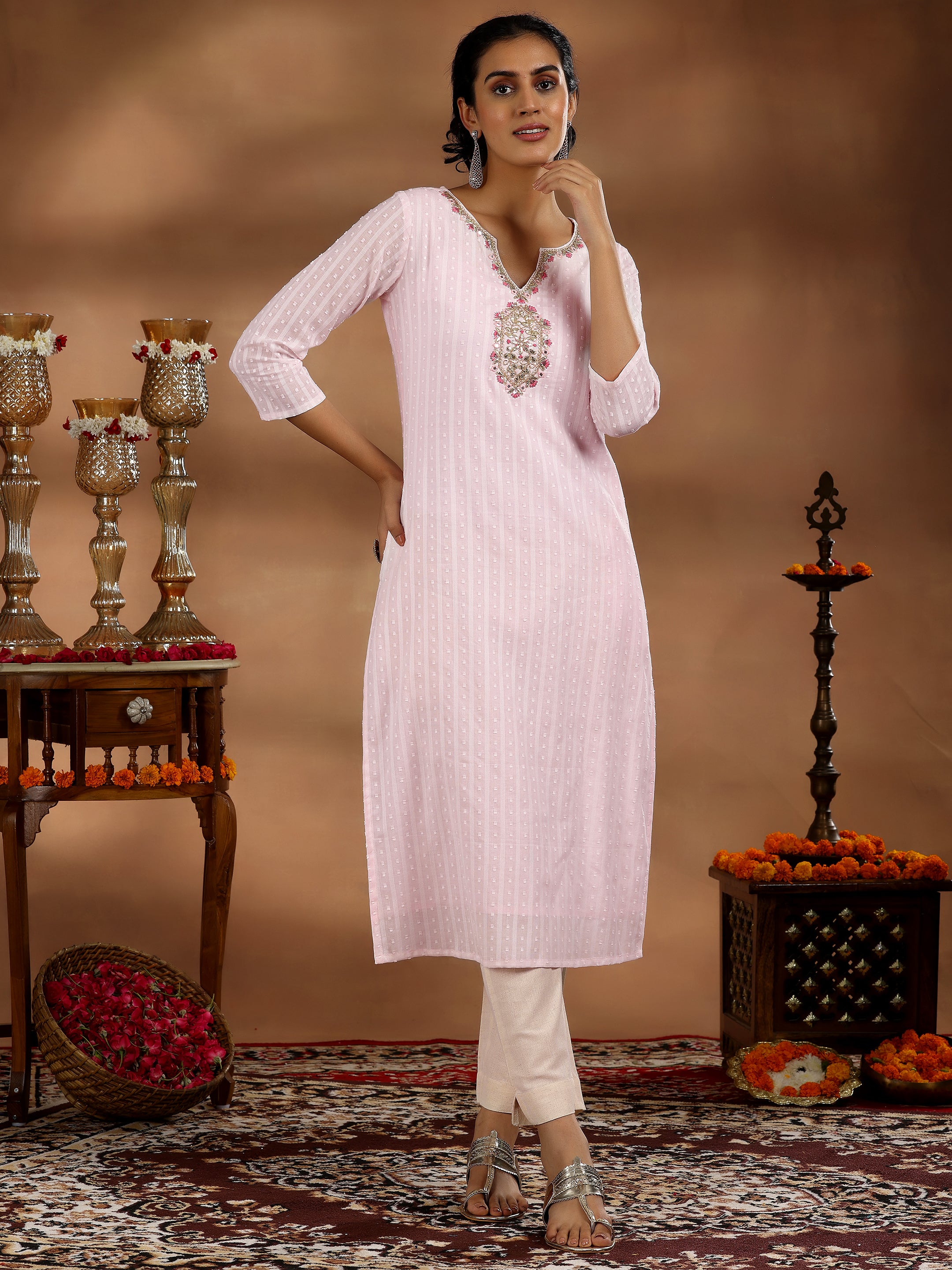 Pink Yoke Design Cotton Straight Kurta