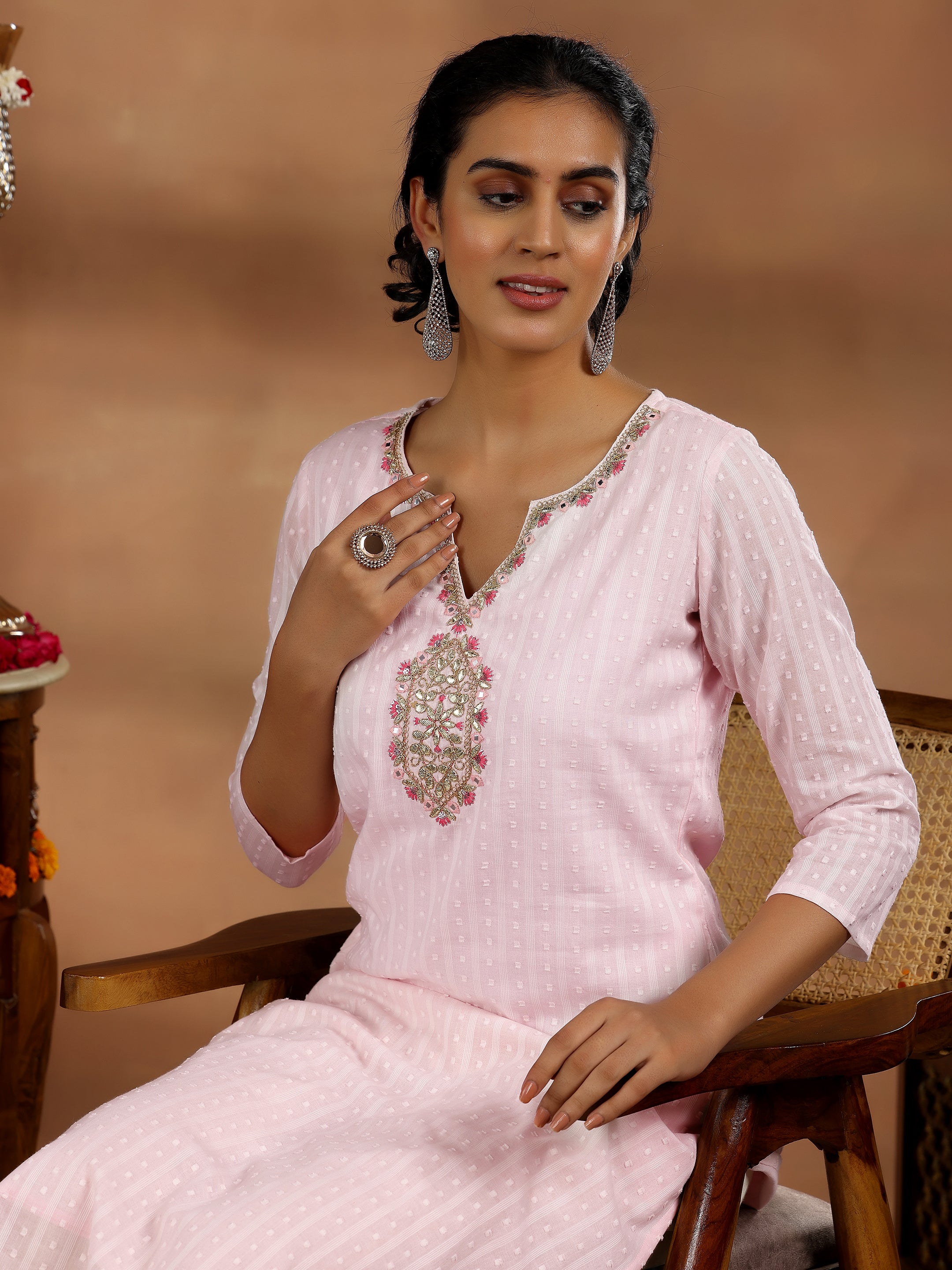 Pink Yoke Design Cotton Straight Kurta