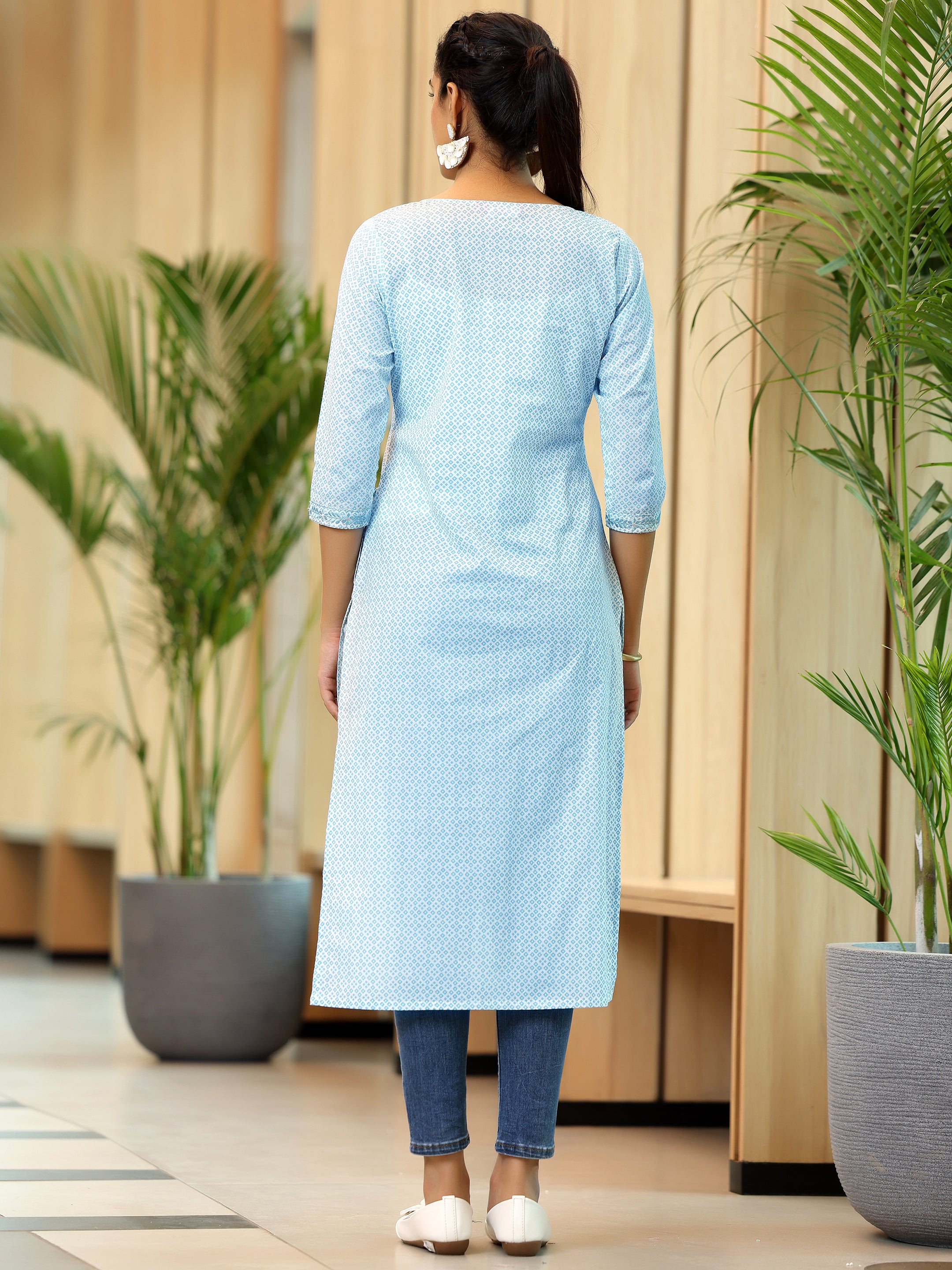 Blue Printed Cotton Straight Kurta