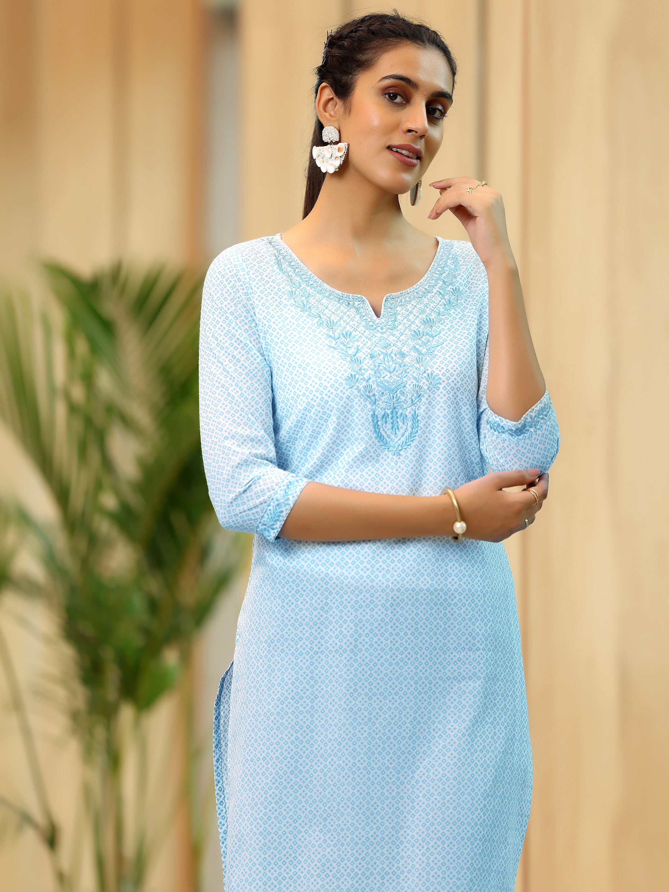 Blue Printed Cotton Straight Kurta