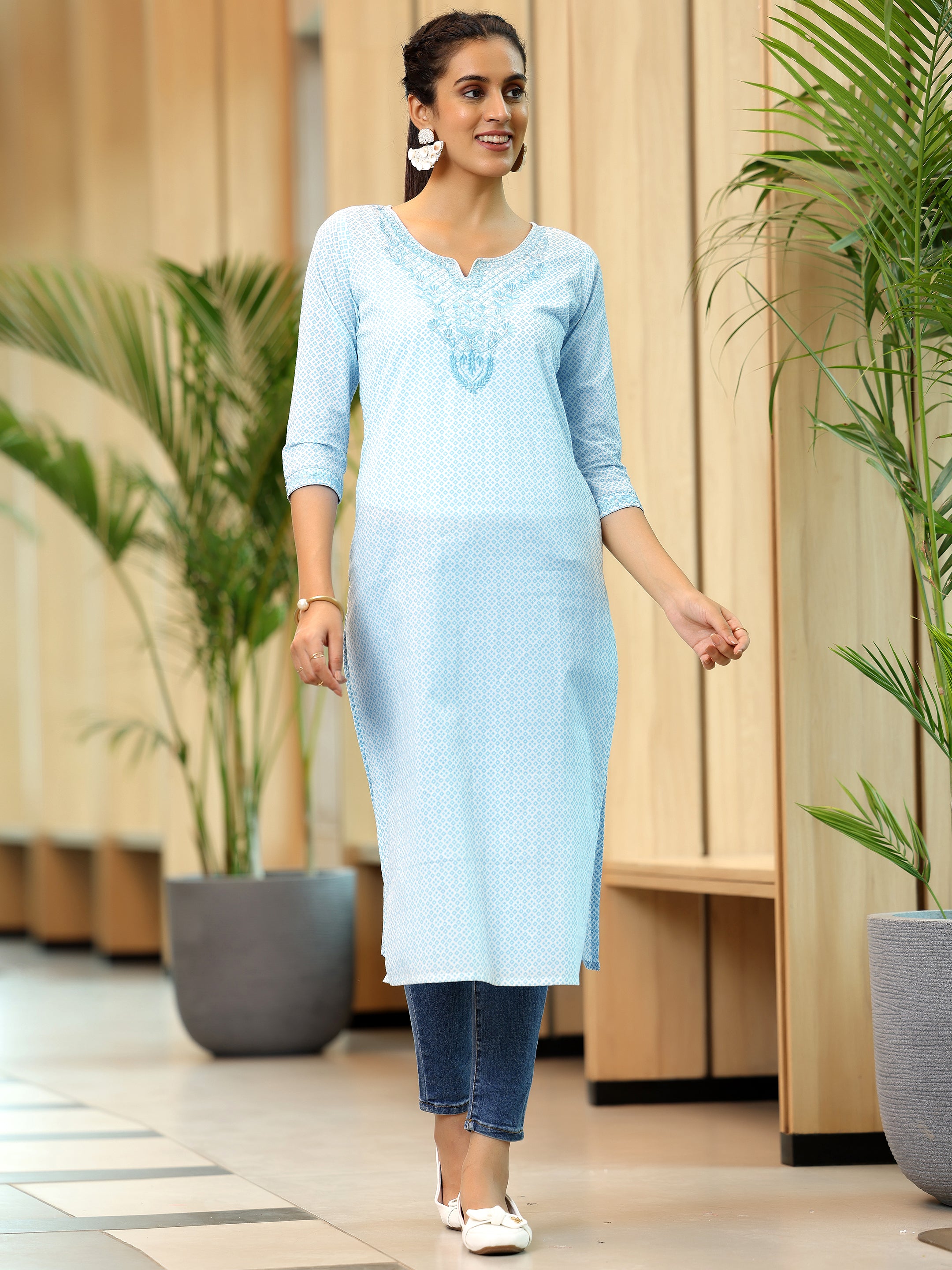 Blue Printed Cotton Straight Kurta