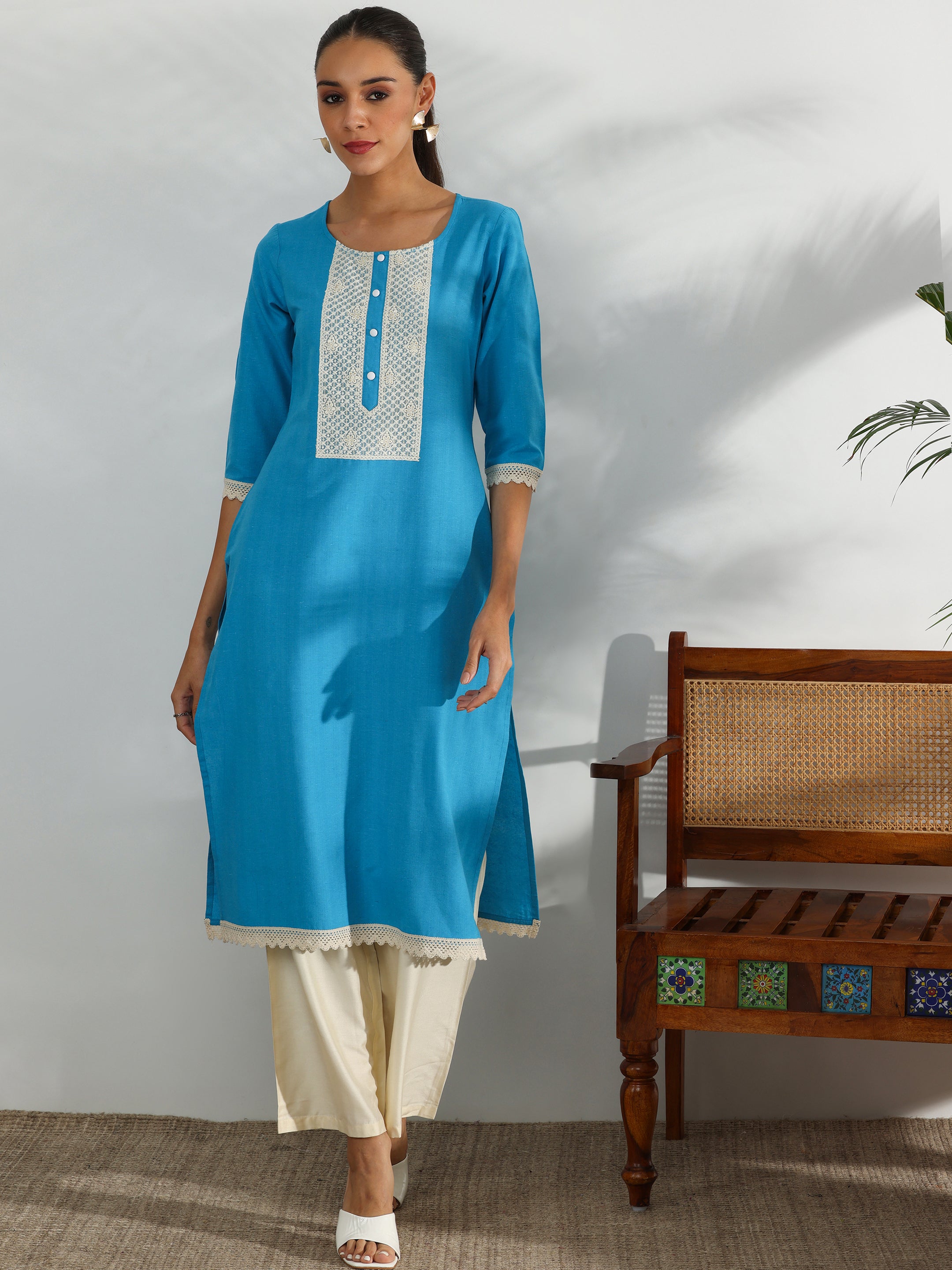 Blue Yoke Design Cotton Straight Kurta