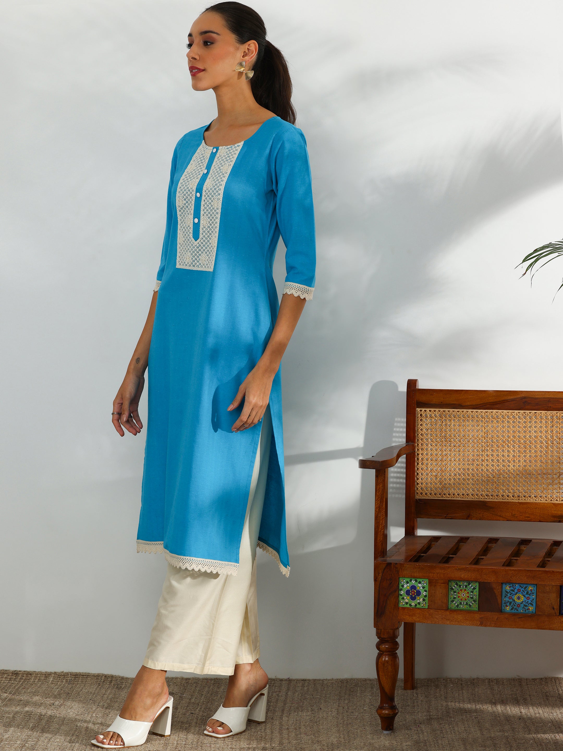 Blue Yoke Design Cotton Straight Kurta