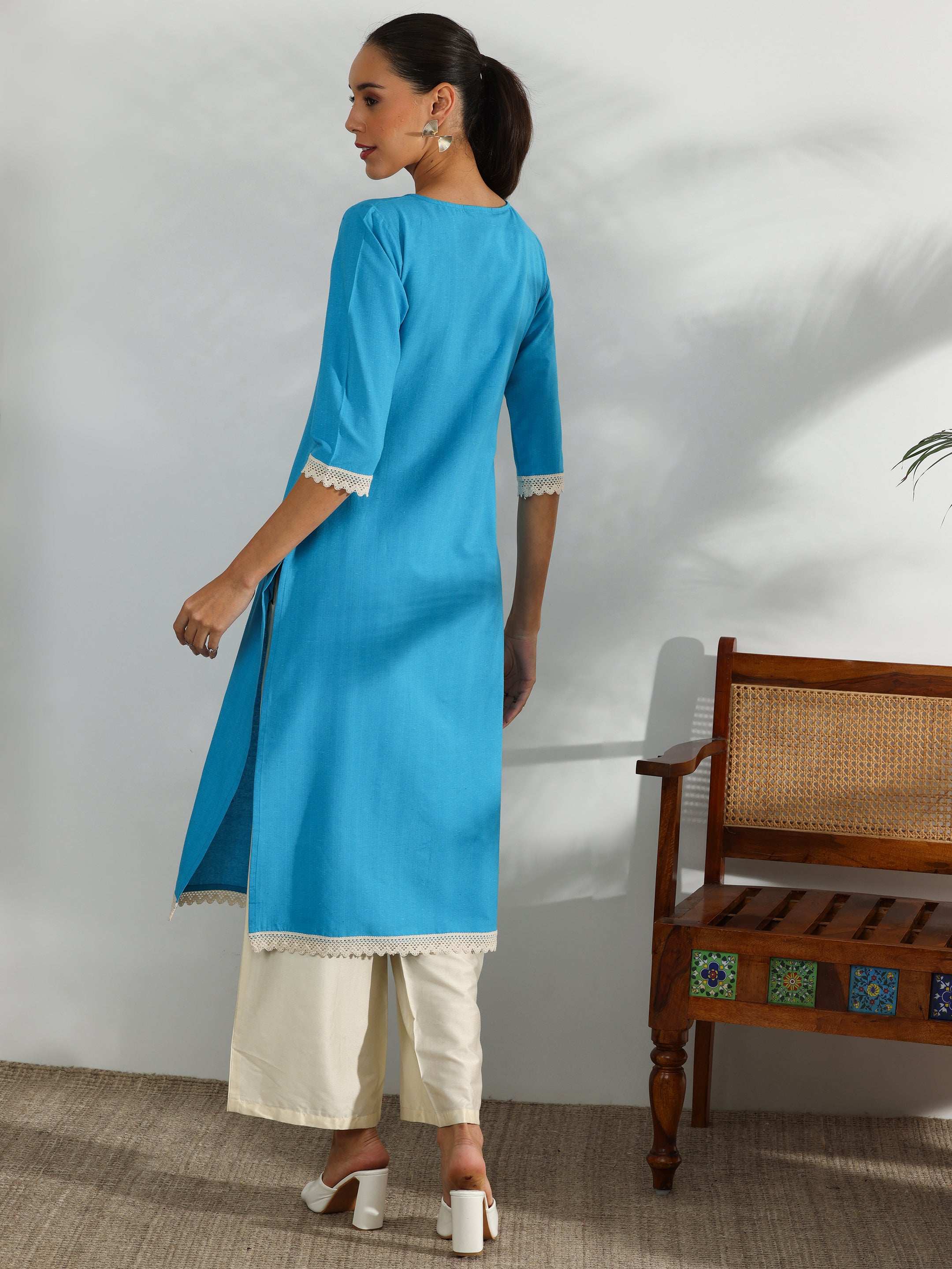 Blue Yoke Design Cotton Straight Kurta