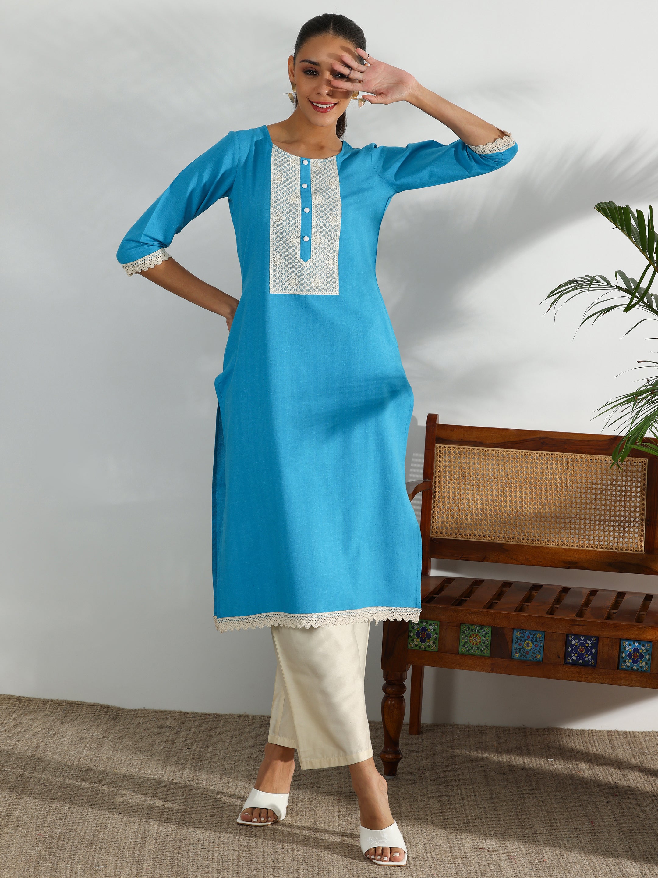 Blue Yoke Design Cotton Straight Kurta