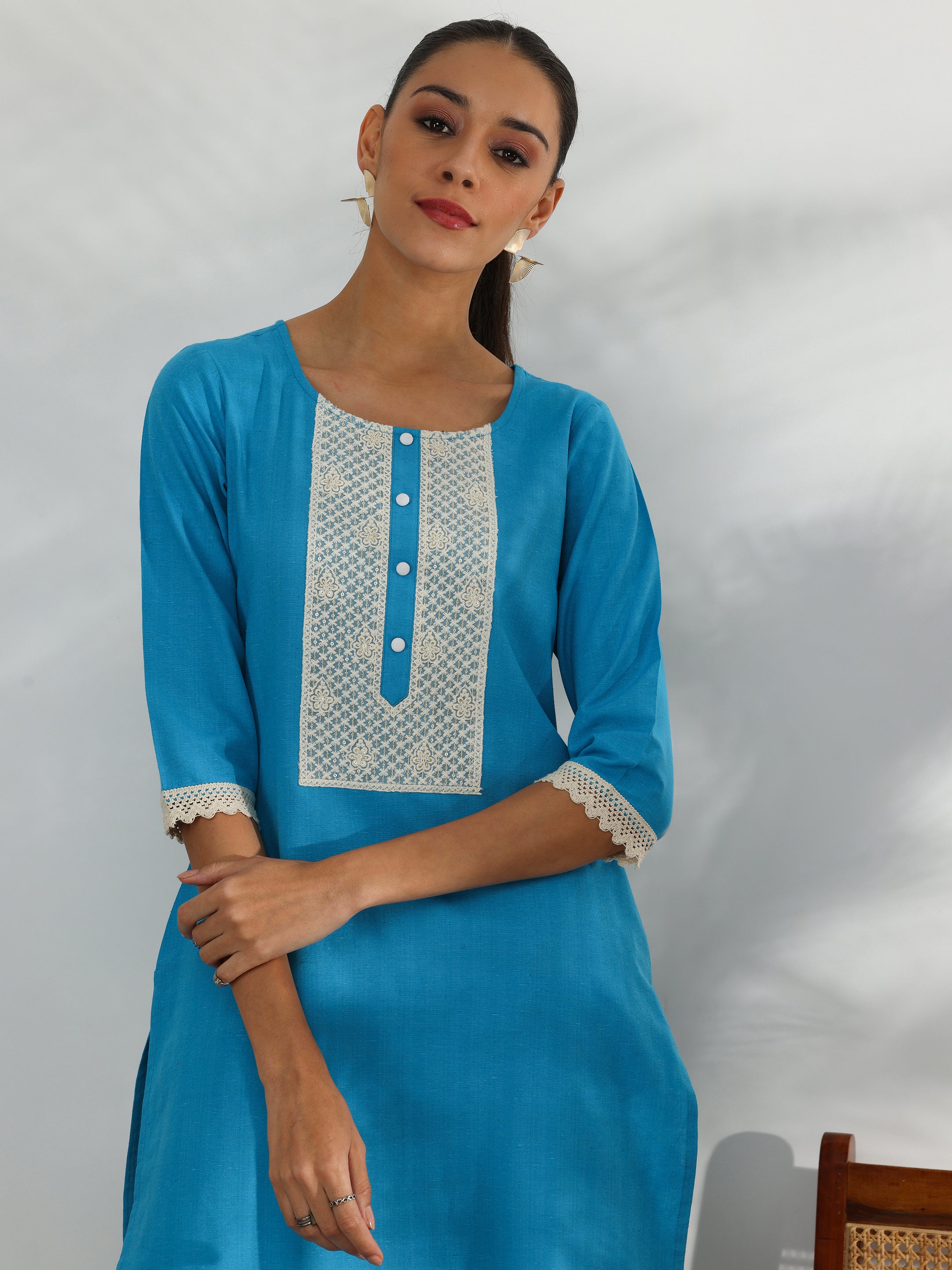 Blue Yoke Design Cotton Straight Kurta