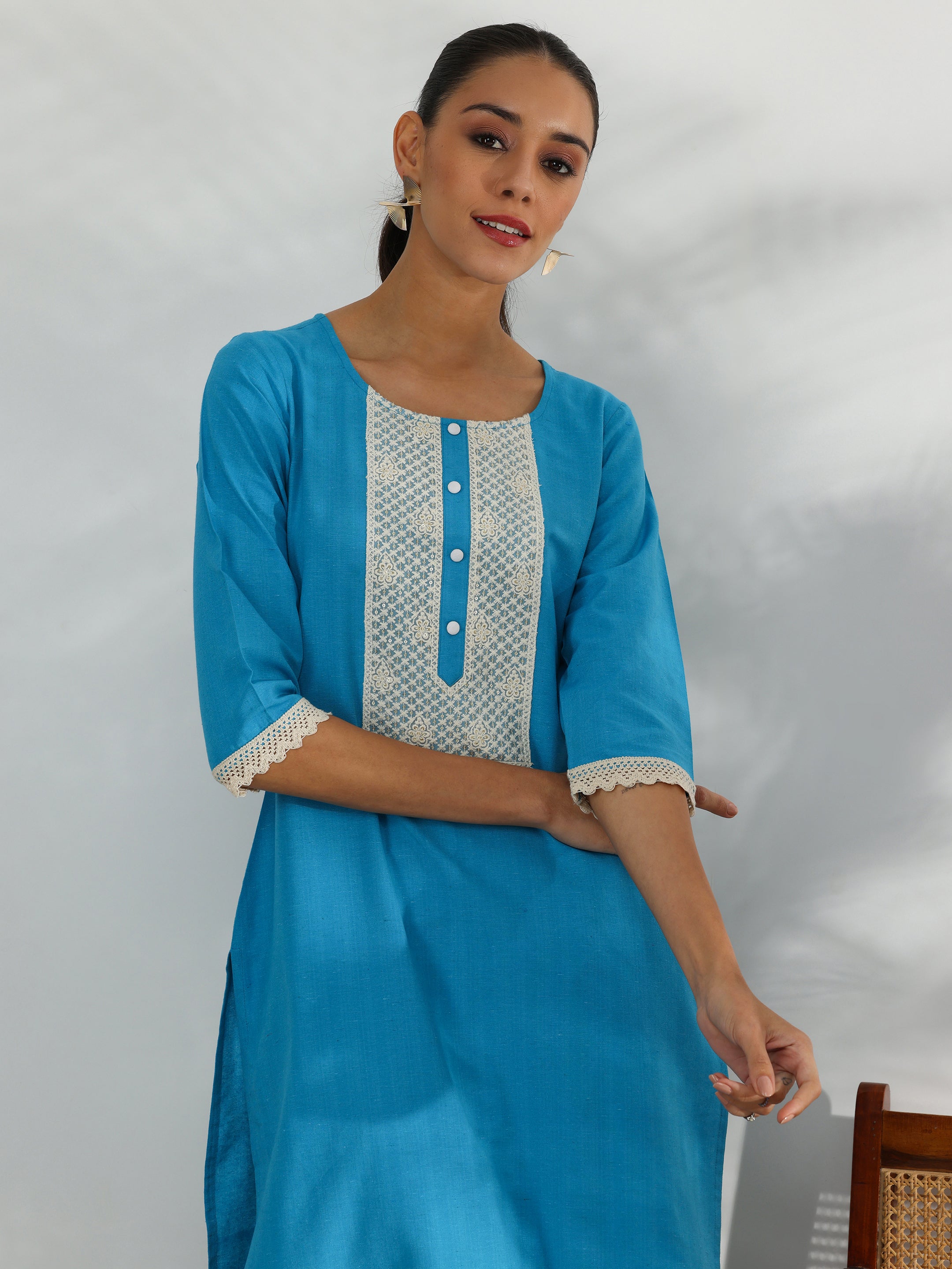 Blue Yoke Design Cotton Straight Kurta