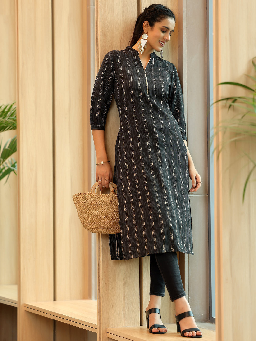 Black Woven Design Cotton Straight Kurta