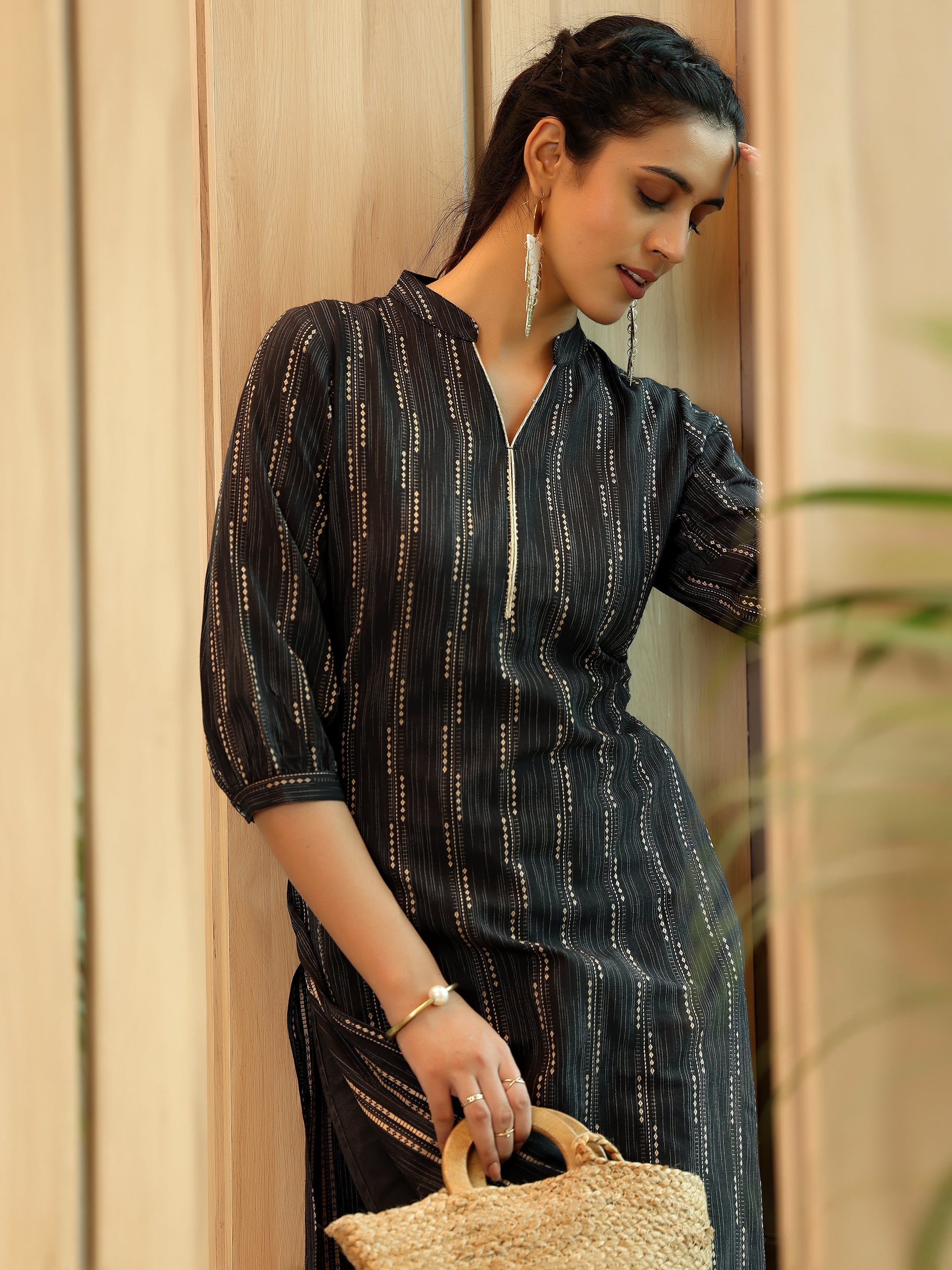 Black Woven Design Cotton Straight Kurta