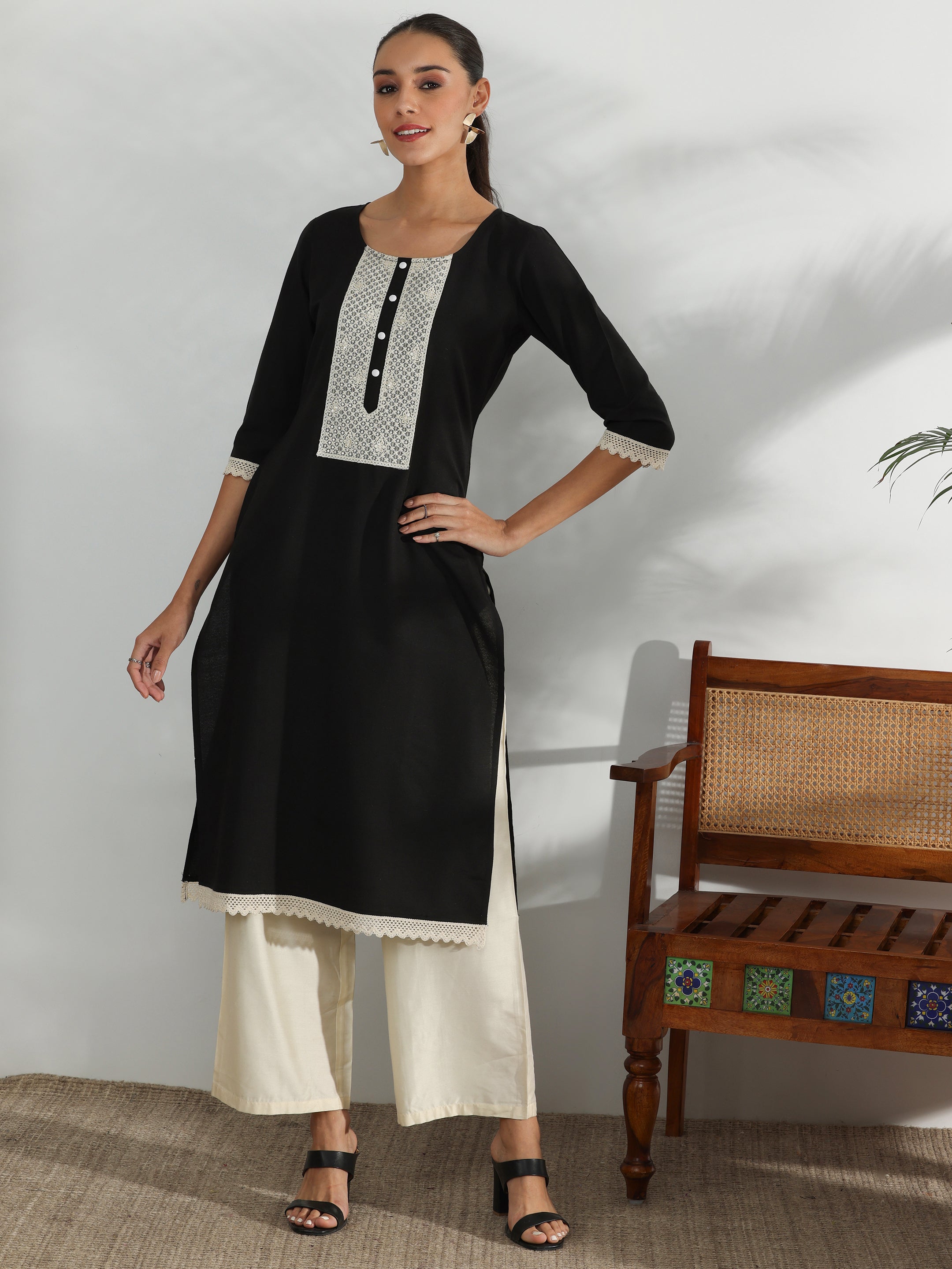 Black Yoke Design Cotton Straight Kurta