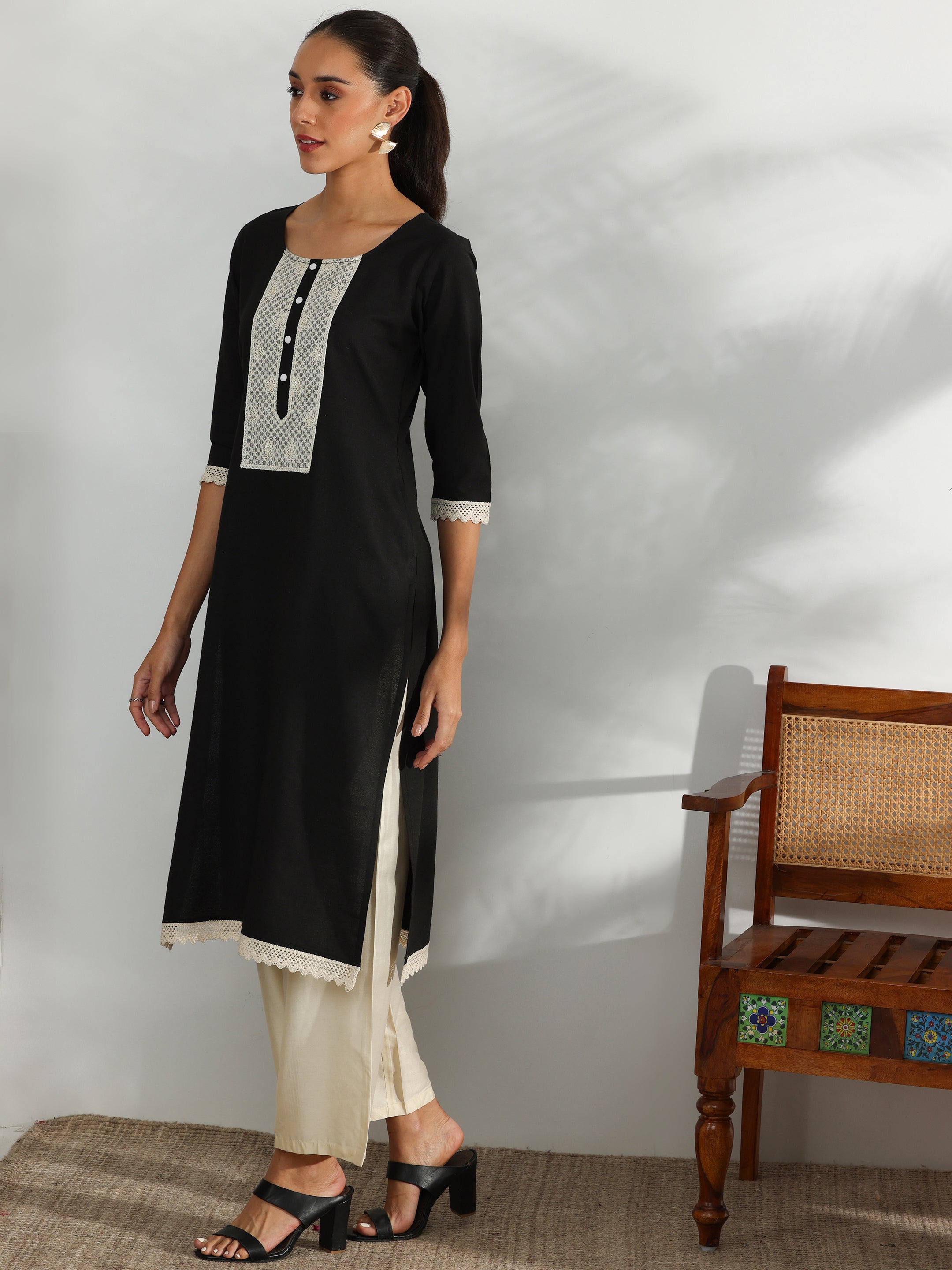 Black Yoke Design Cotton Straight Kurta