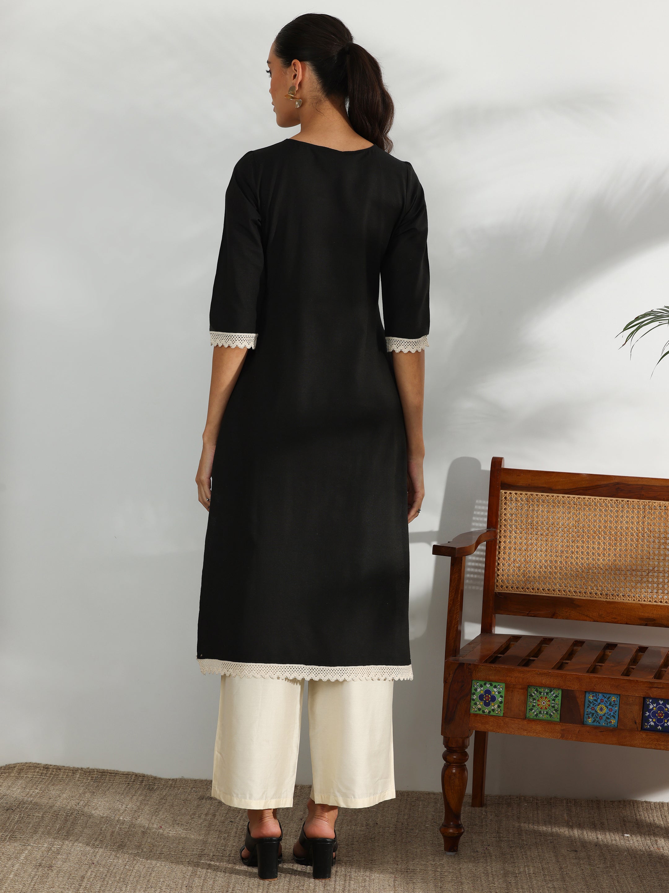 Black Yoke Design Cotton Straight Kurta