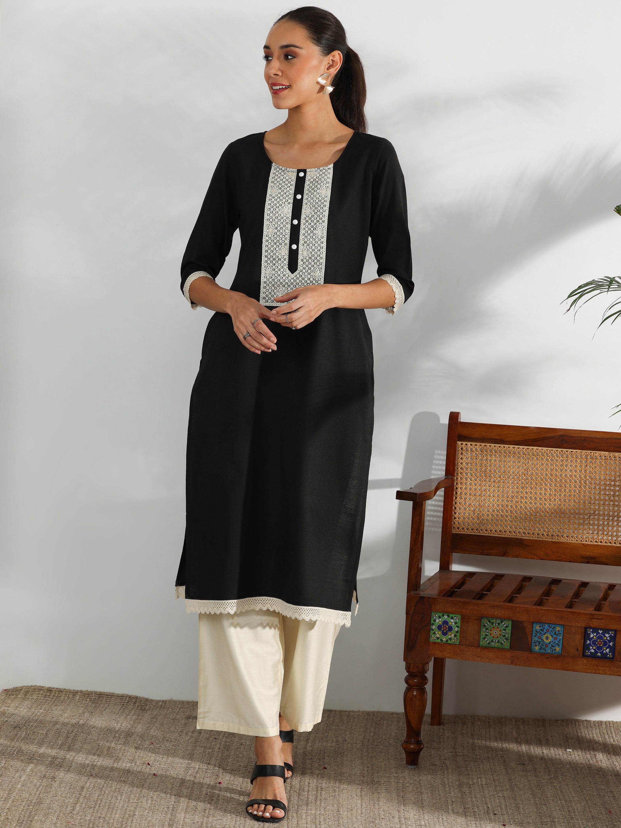 Black Yoke Design Cotton Straight Kurta