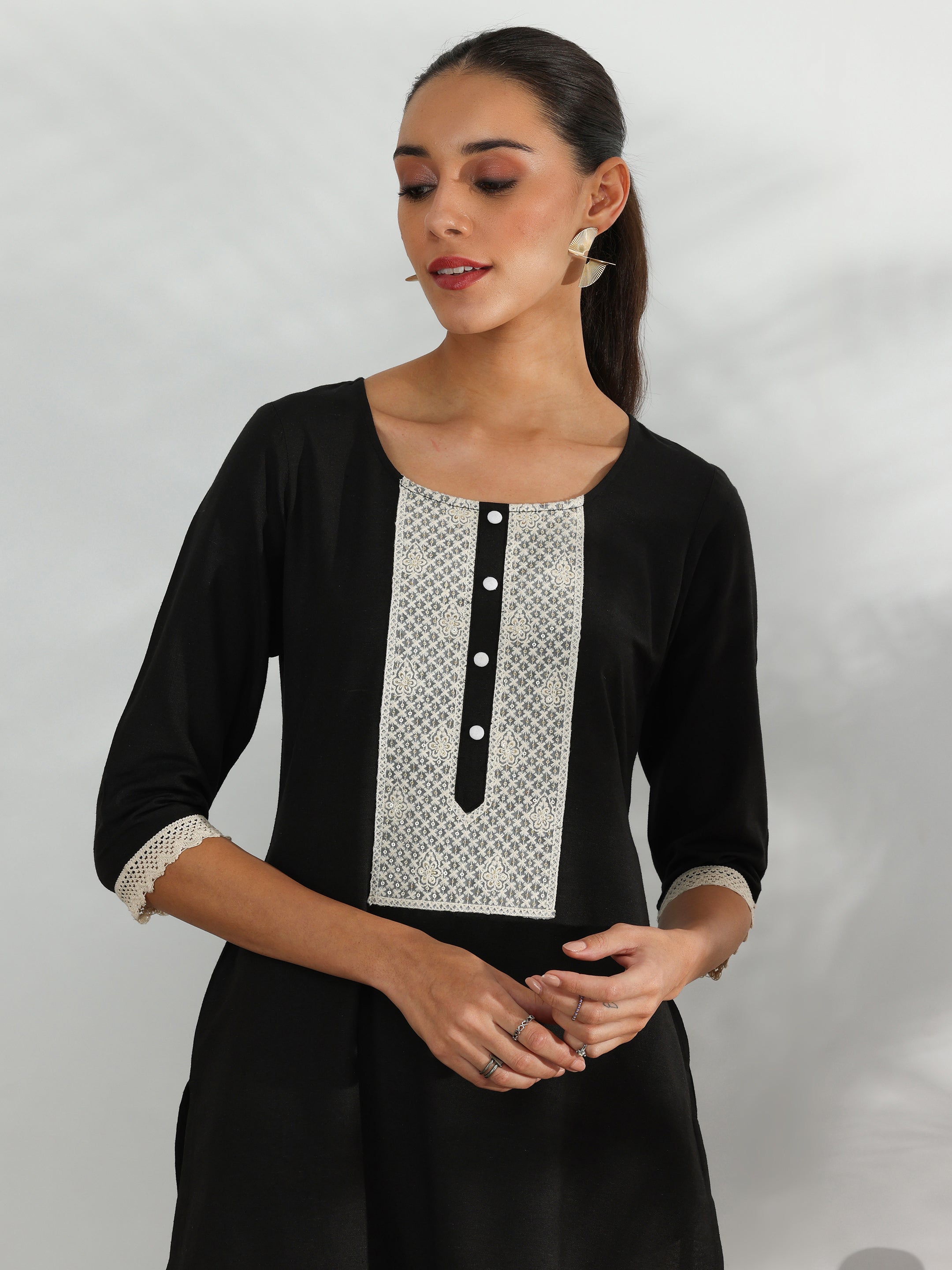 Black Yoke Design Cotton Straight Kurta