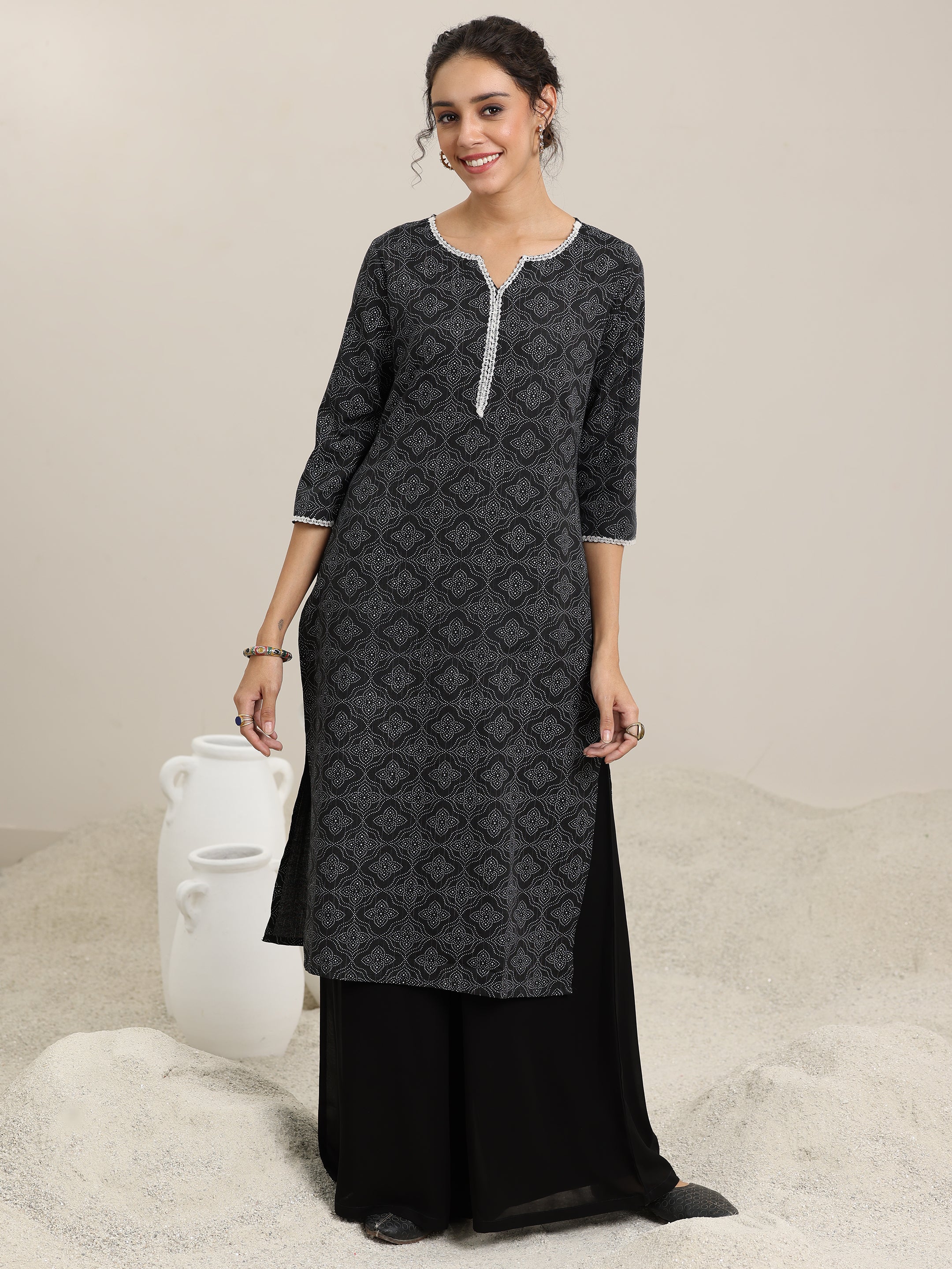 Black Printed Cotton Straight Kurta