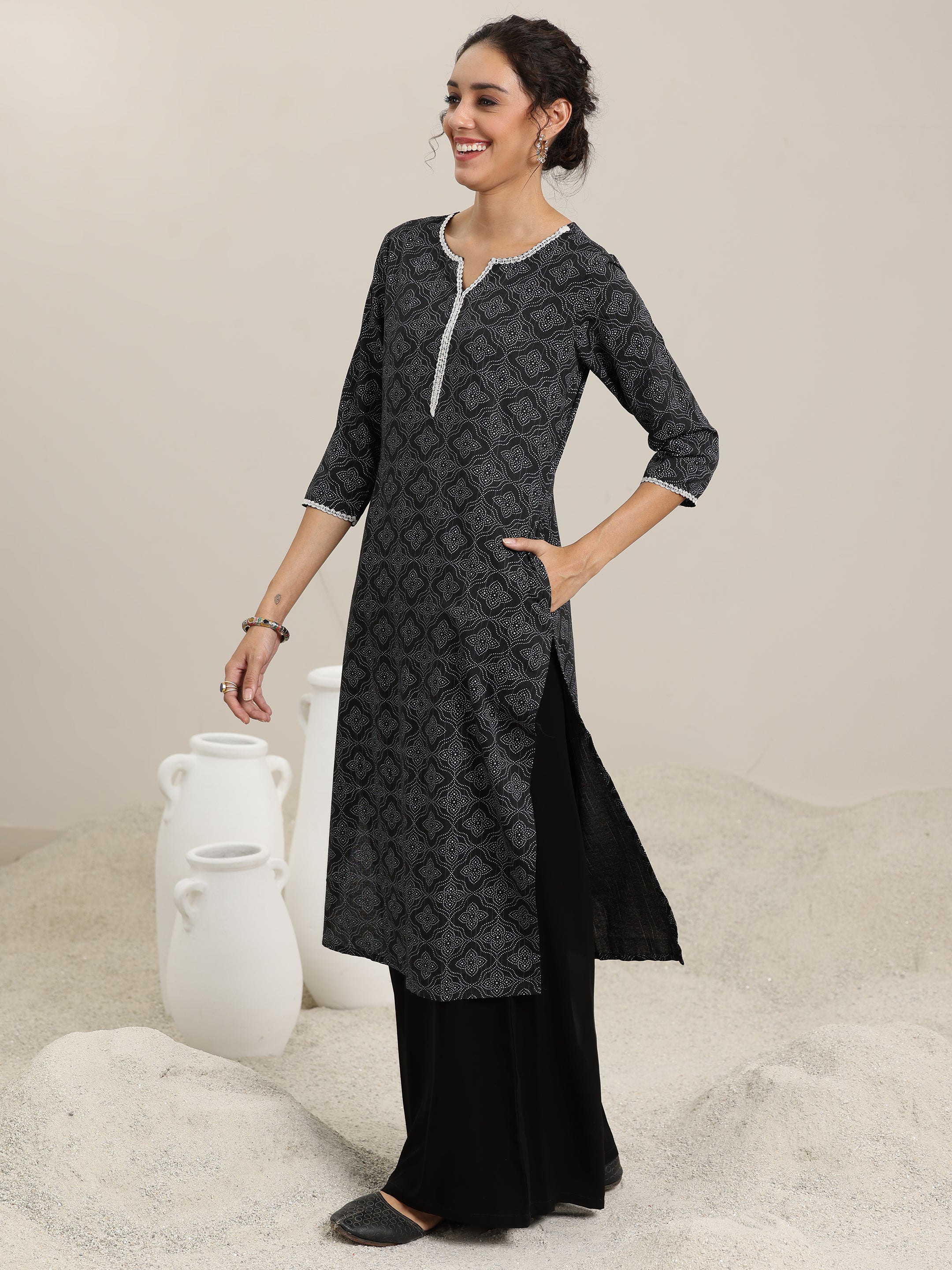 Black Printed Cotton Straight Kurta