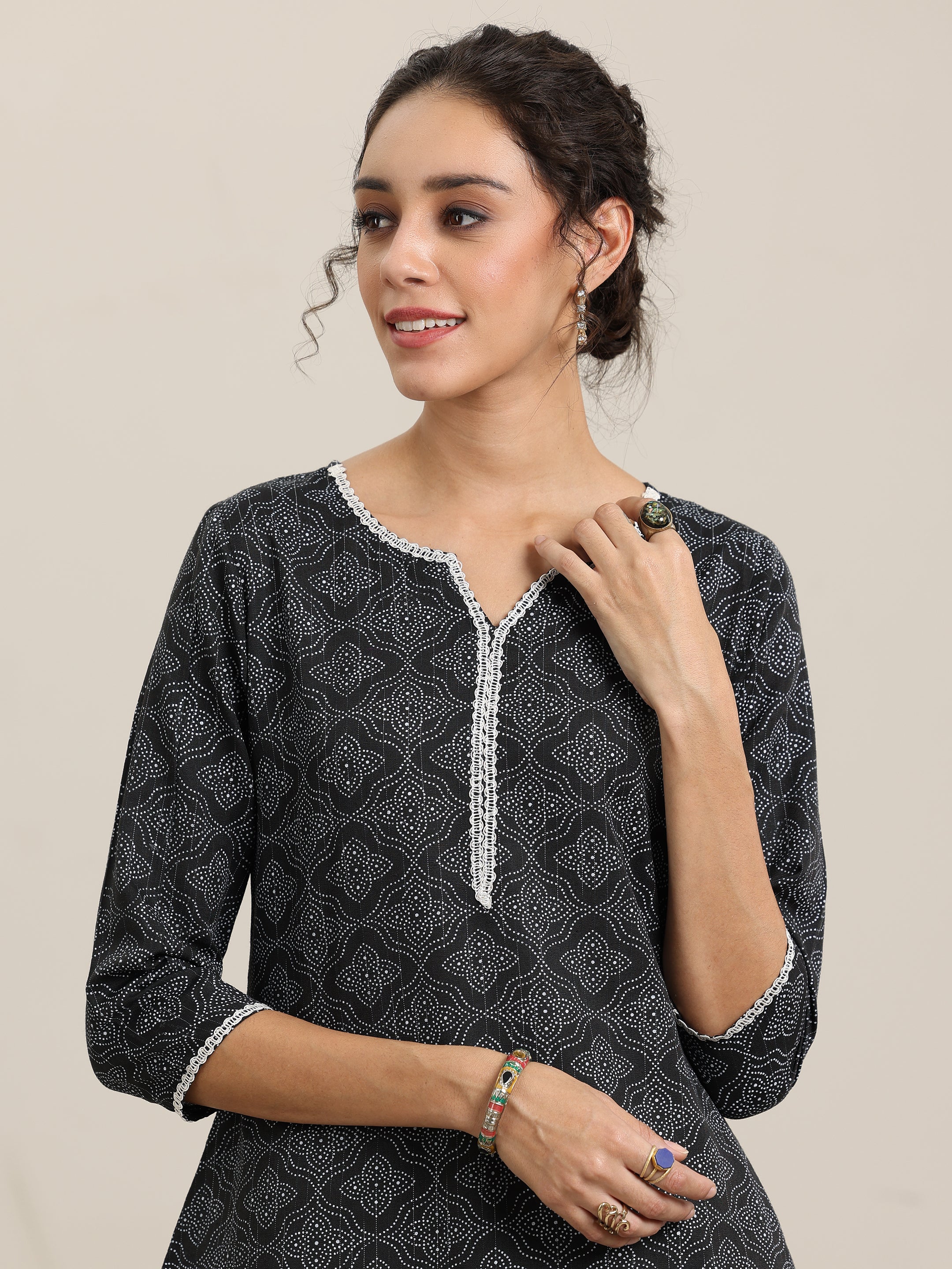 Black Printed Cotton Straight Kurta