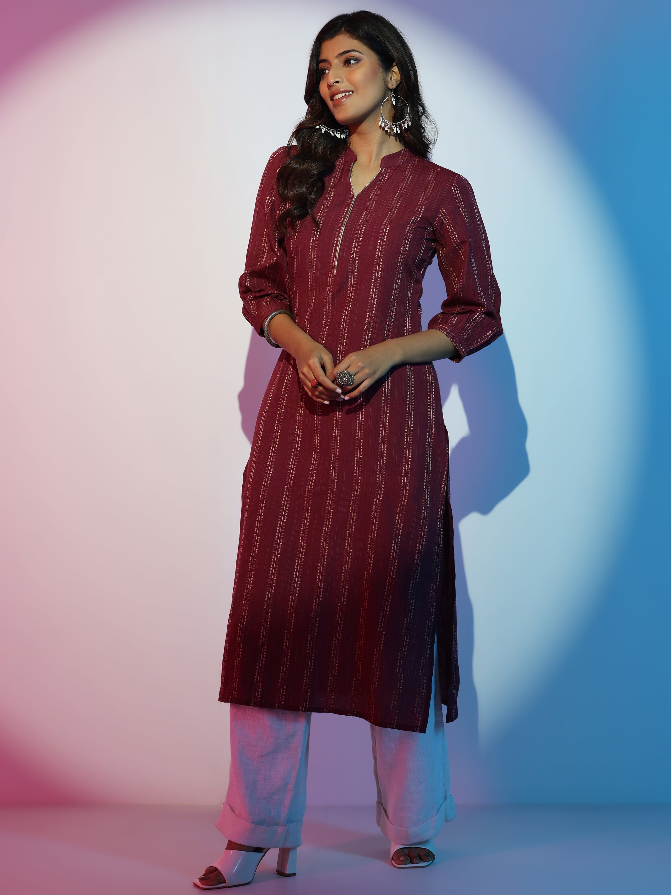 Maroon Woven Design Cotton Straight Kurta