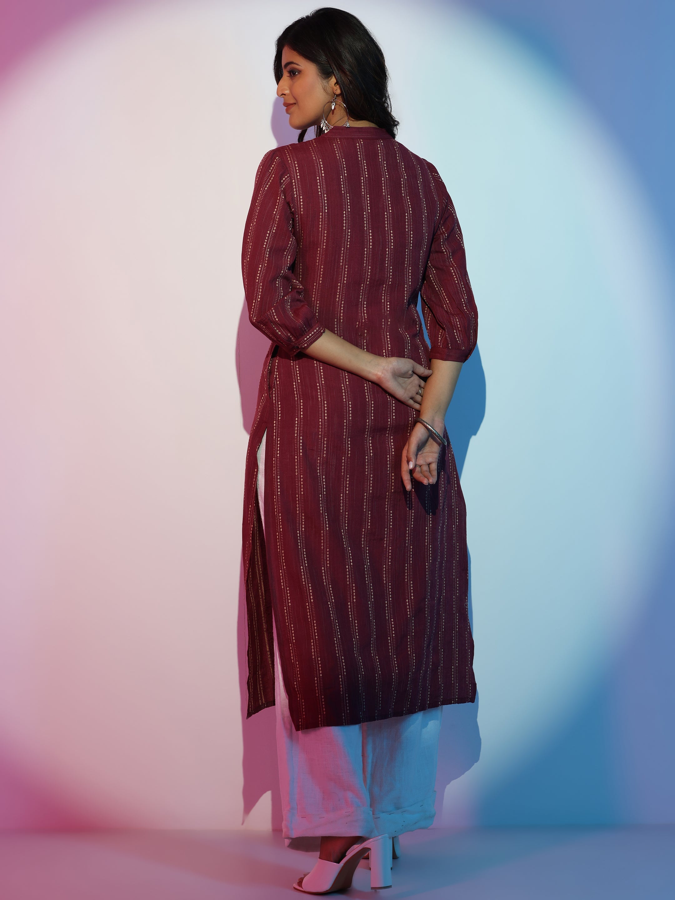 Maroon Woven Design Cotton Straight Kurta