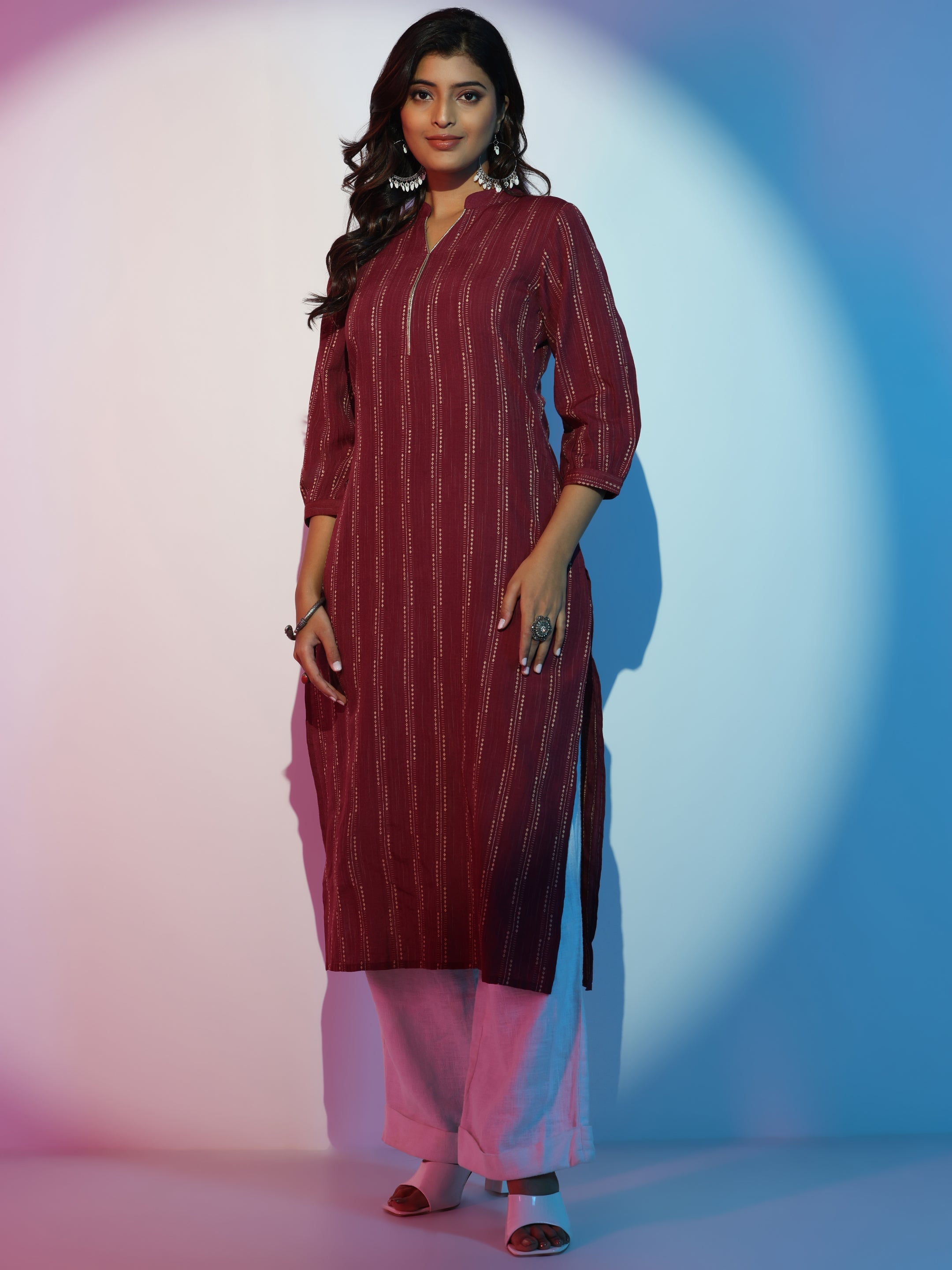 Maroon Woven Design Cotton Straight Kurta