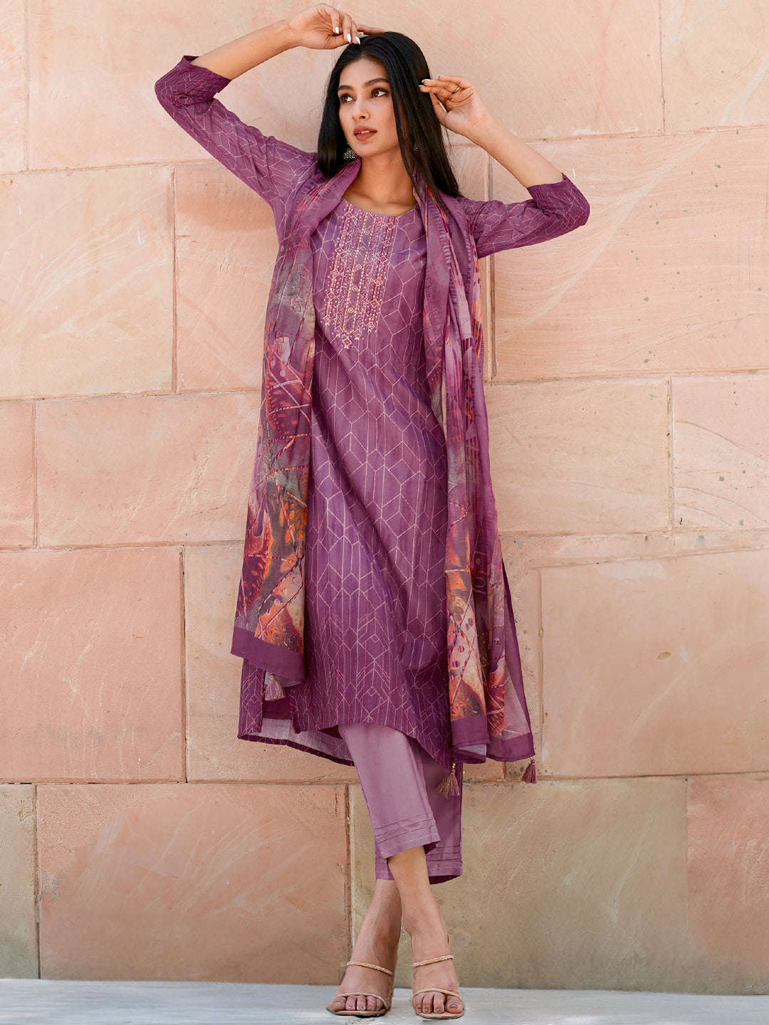 Purple Embroidered Silk Blend Straight Kurta With Trousers & Dupatta