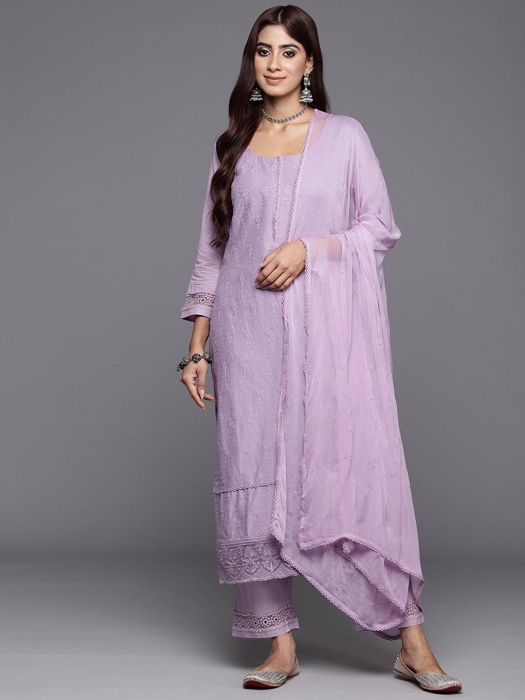 Lavender Embroidered Cotton Suit Set With Trousers