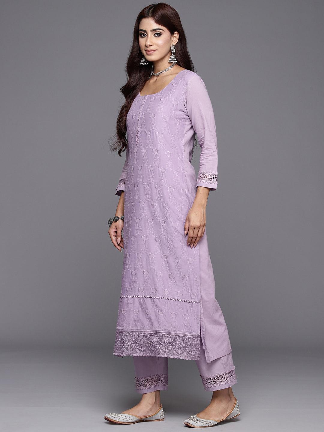 Lavender Embroidered Cotton Suit Set With Trousers